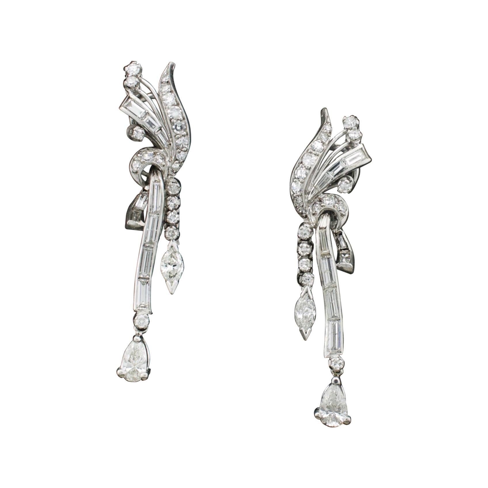 Diamond Dressy Dangling Earrings in Platinum Circa 1950's 3.20 Carats