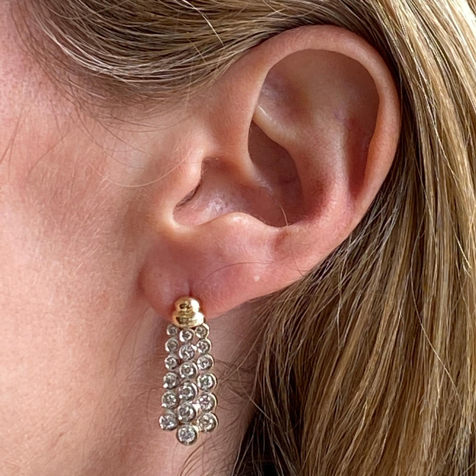 Modern Diamond Drop Bezel Set Earrings 14 Karat Two-Tone Gold