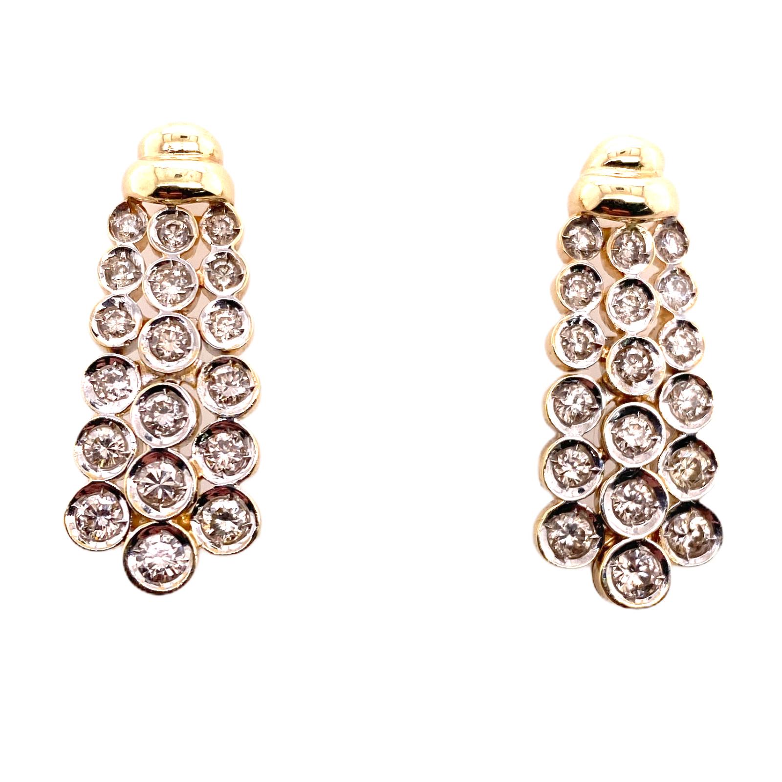 Round Cut Diamond Drop Bezel Set Earrings 14 Karat Two-Tone Gold