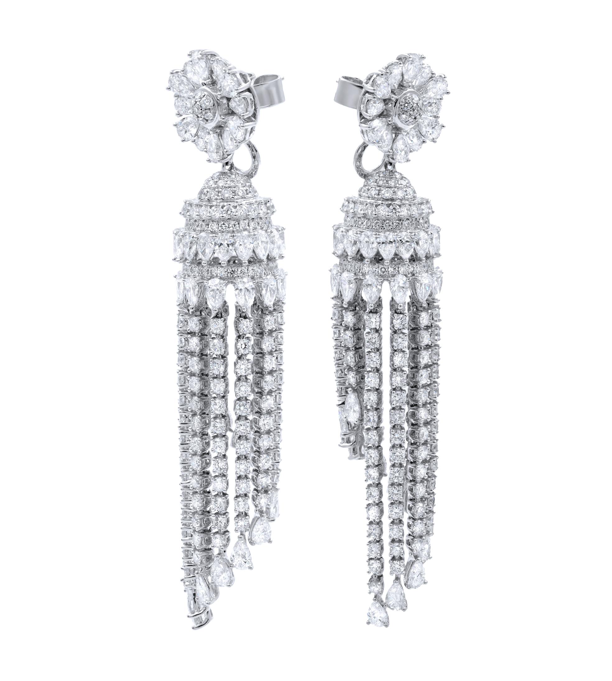 Modern Diamond Drop Chandelier Earrings Dangle Style 16.12 Carat in 18 Karat White Gold