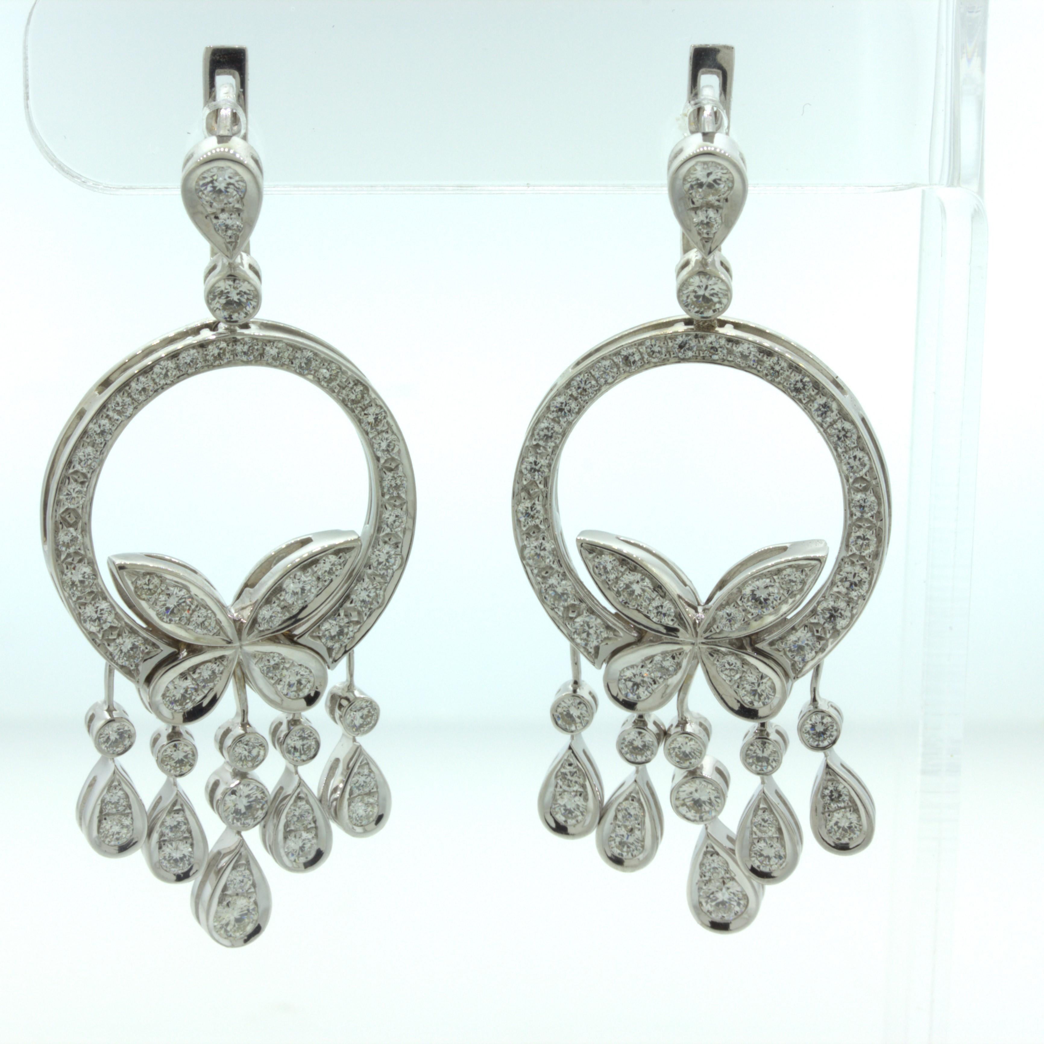 Women's Diamond Drop Dangle 18k White Gold Butterfly Earrings For Sale