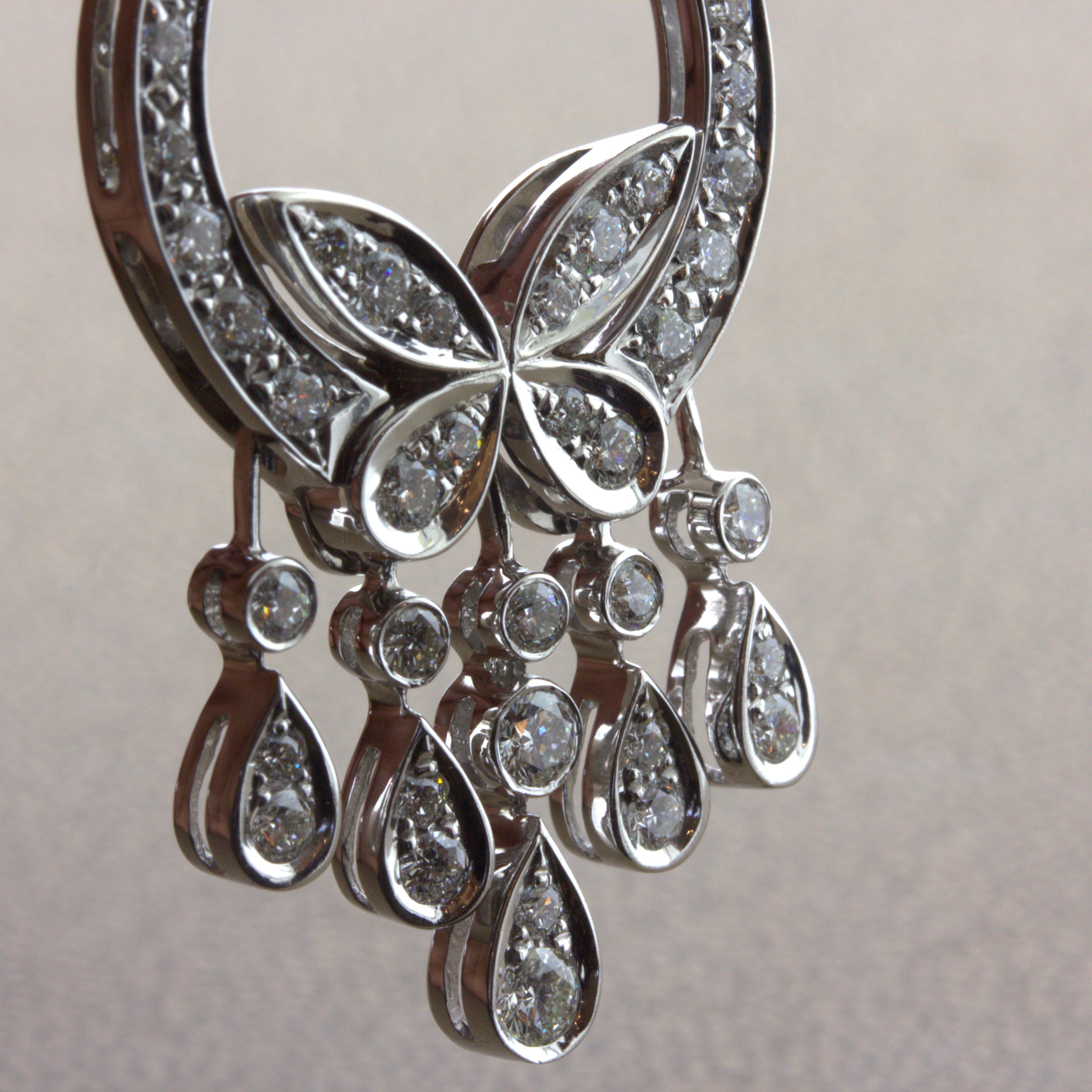 Diamond Drop Dangle 18k White Gold Butterfly Earrings For Sale 3