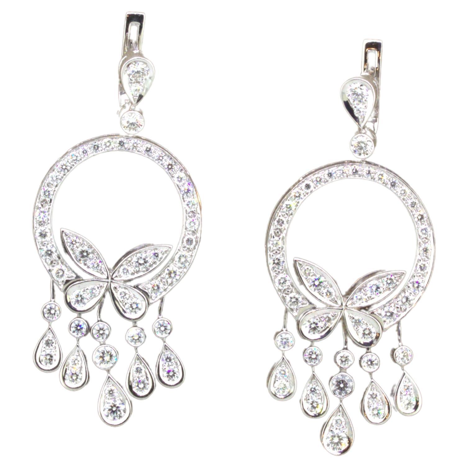 Diamond Drop Dangle 18k White Gold Butterfly Earrings For Sale