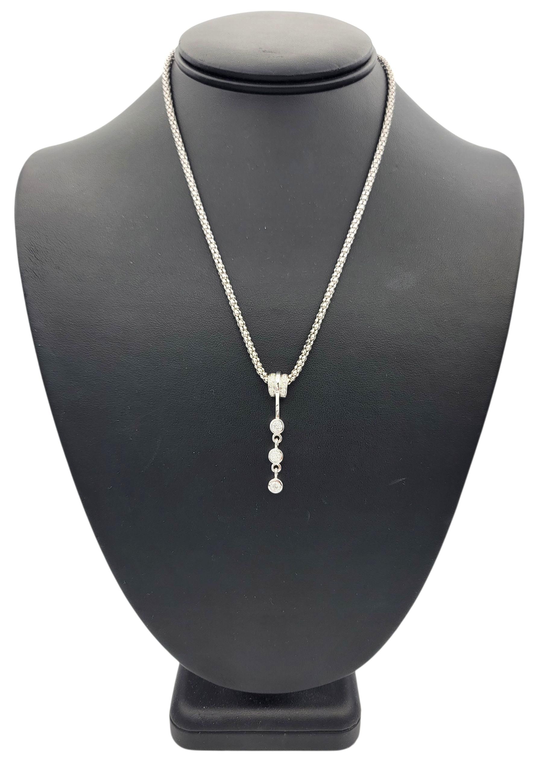 Diamond Drop Dangle Pendant Necklace with Popcorn Chain in 14 Karat White Gold For Sale 4