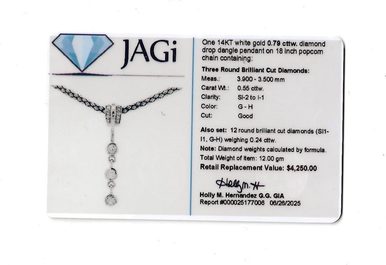 Diamond Drop Dangle Pendant Necklace with Popcorn Chain in 14 Karat White Gold For Sale 5