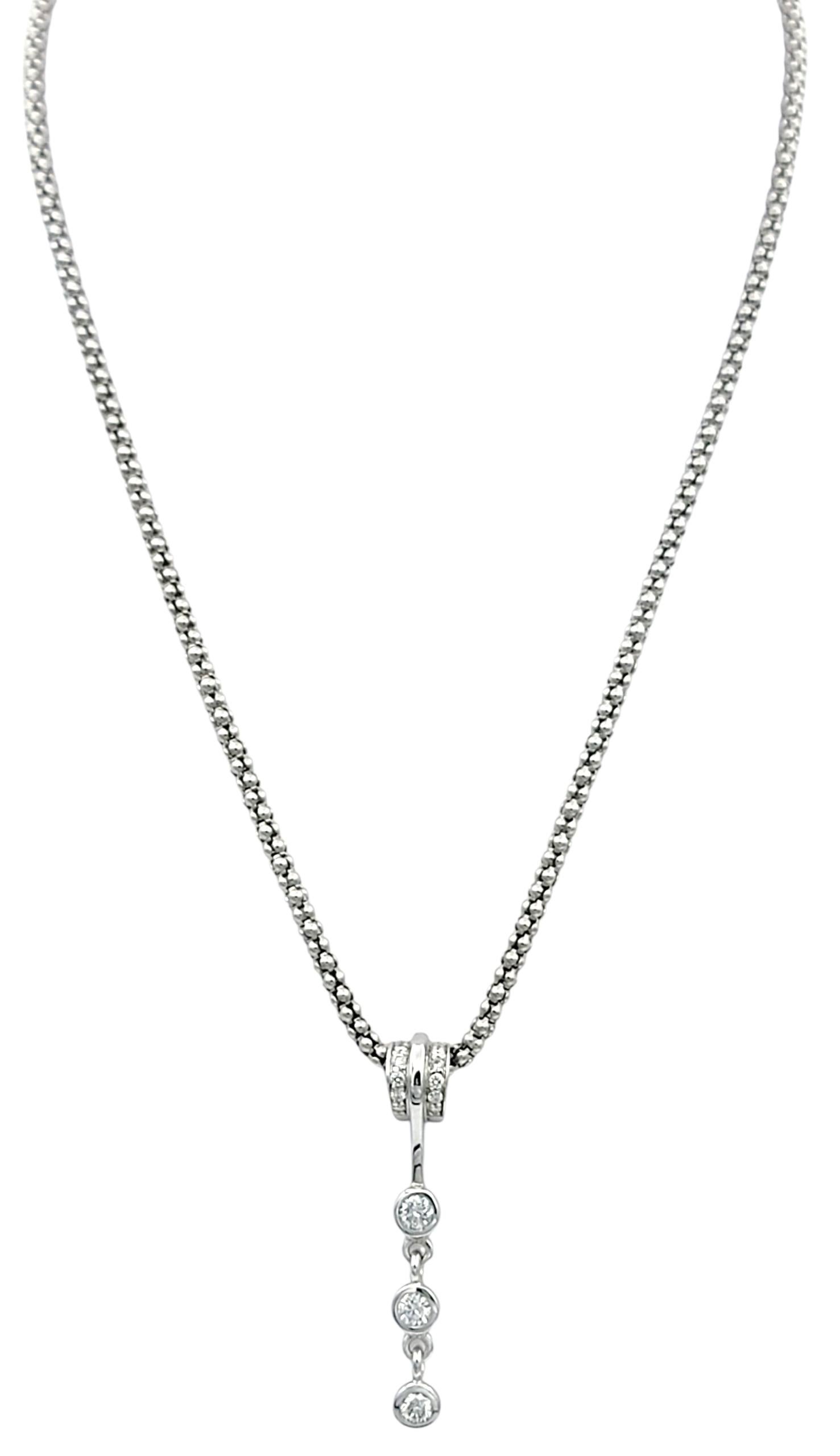 Contemporary Diamond Drop Dangle Pendant Necklace with Popcorn Chain in 14 Karat White Gold For Sale