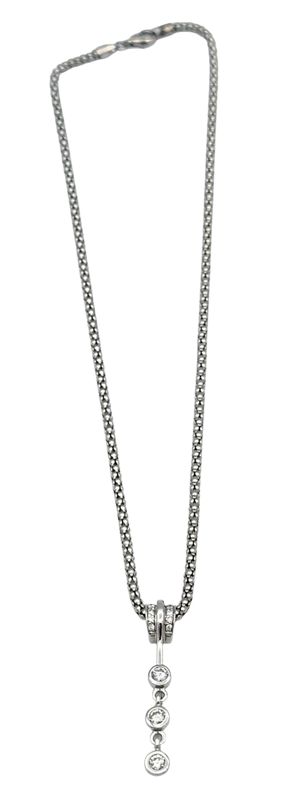 Round Cut Diamond Drop Dangle Pendant Necklace with Popcorn Chain in 14 Karat White Gold For Sale