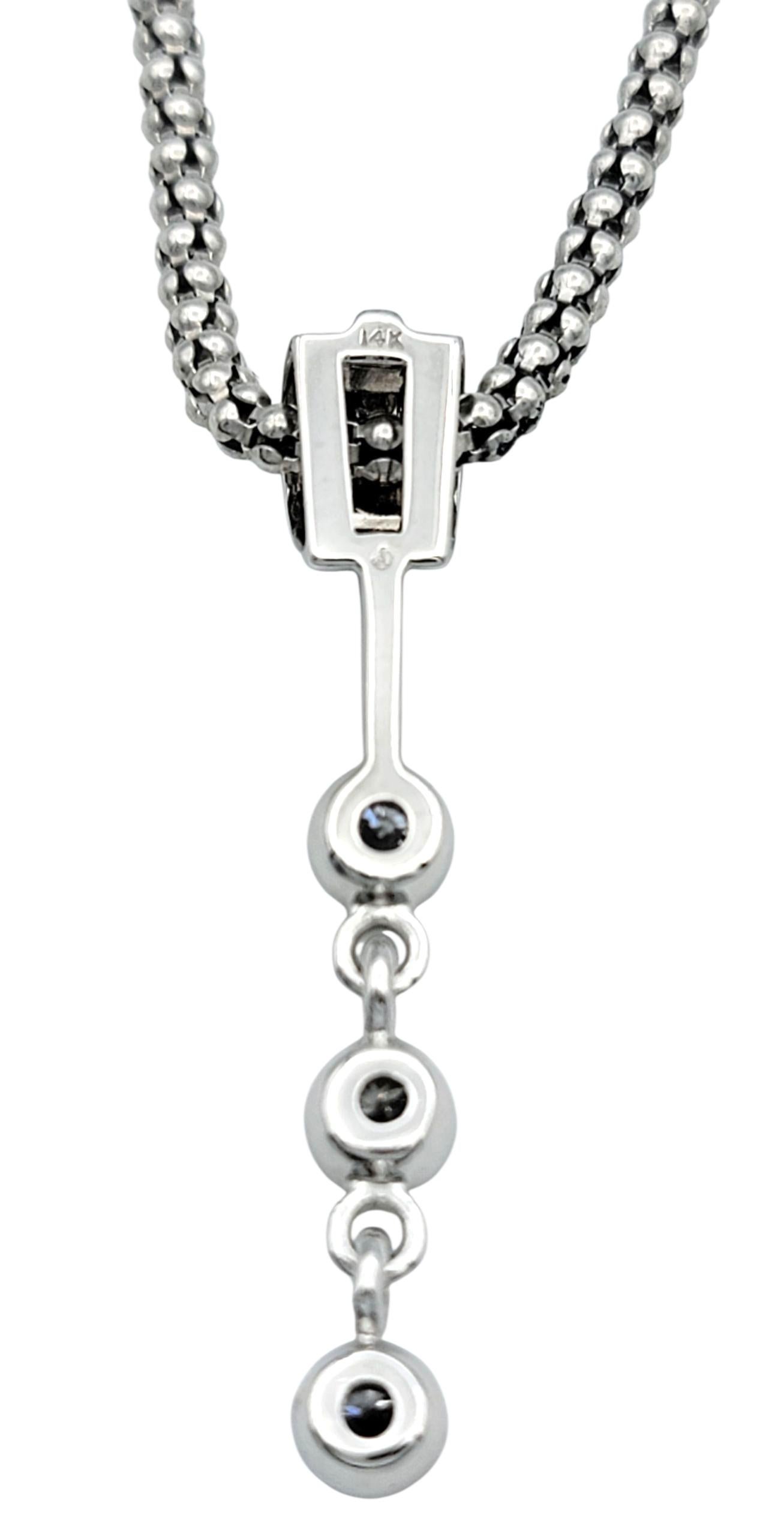 Diamond Drop Dangle Pendant Necklace with Popcorn Chain in 14 Karat White Gold For Sale 3