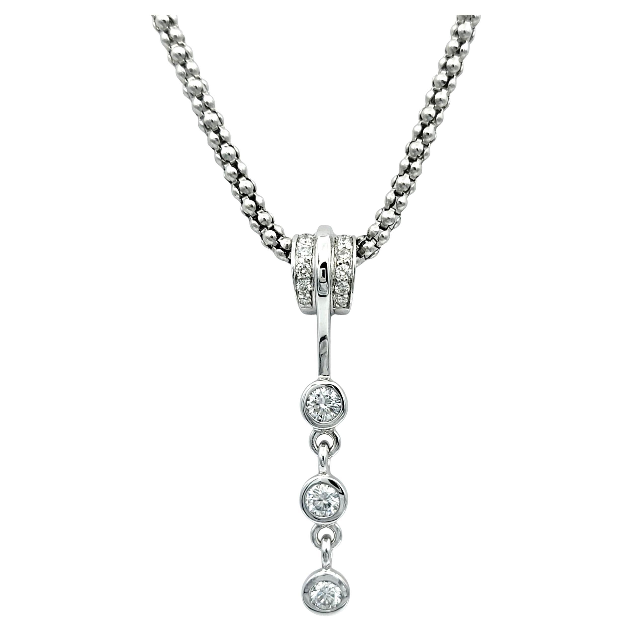 Diamond Drop Dangle Pendant Necklace with Popcorn Chain in 14 Karat White Gold For Sale