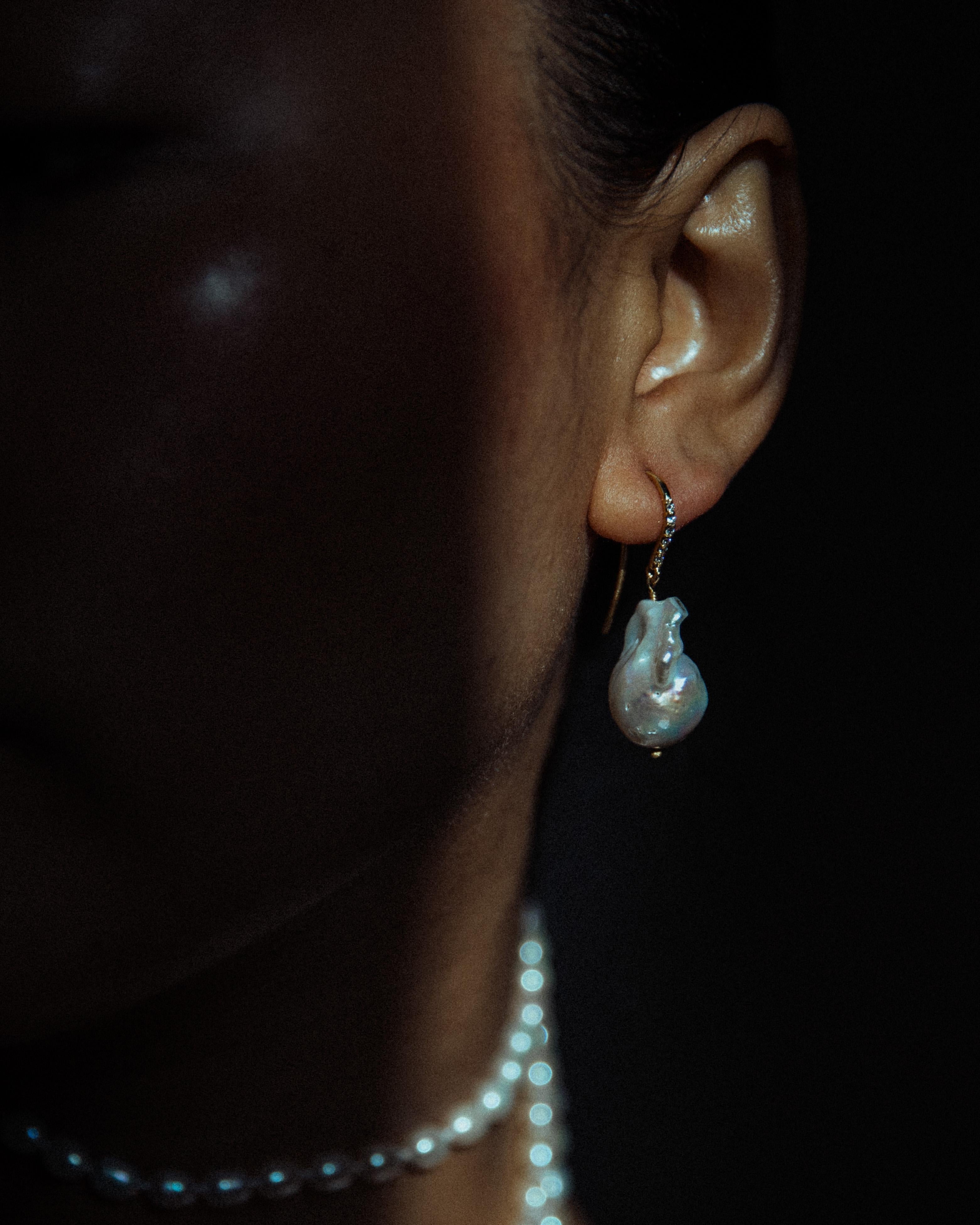 Artisan Diamond Drop Earring with Baroque Pearl For Sale