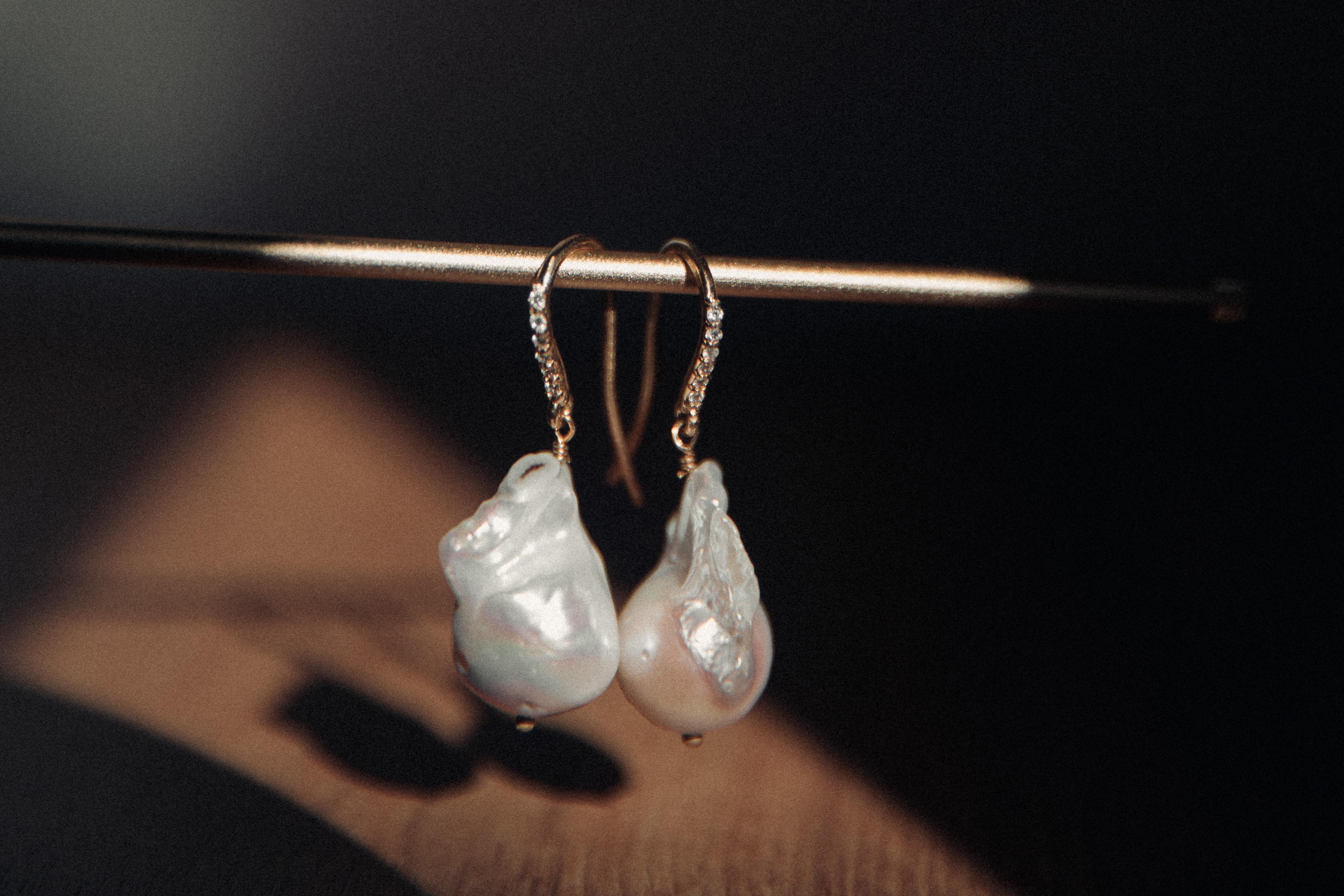 Women's or Men's Diamond Drop Earring with Baroque Pearl For Sale