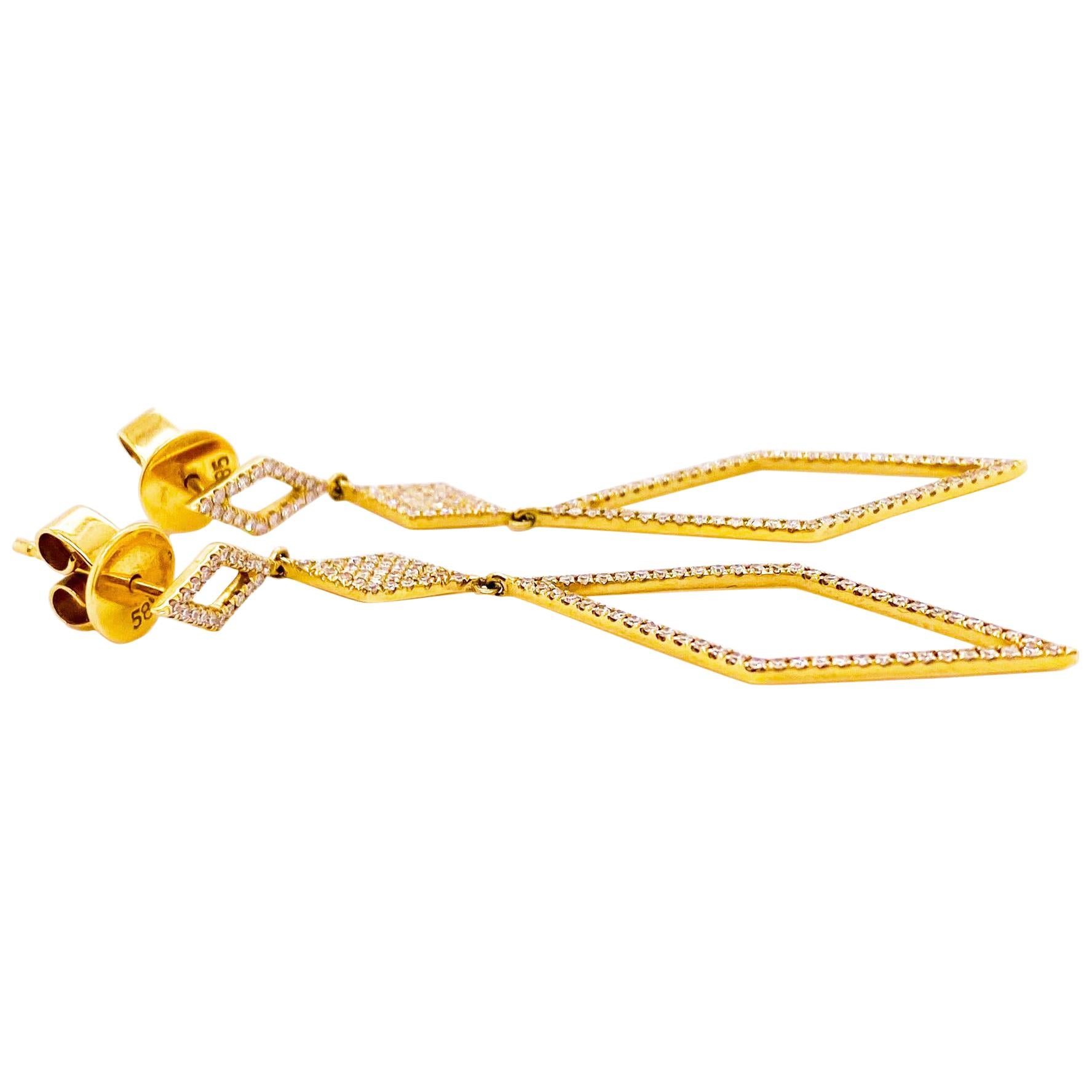 Diamond Drop Earrings, 14 Karat Gold 3 Diamond Shape Links Dangle Earrings