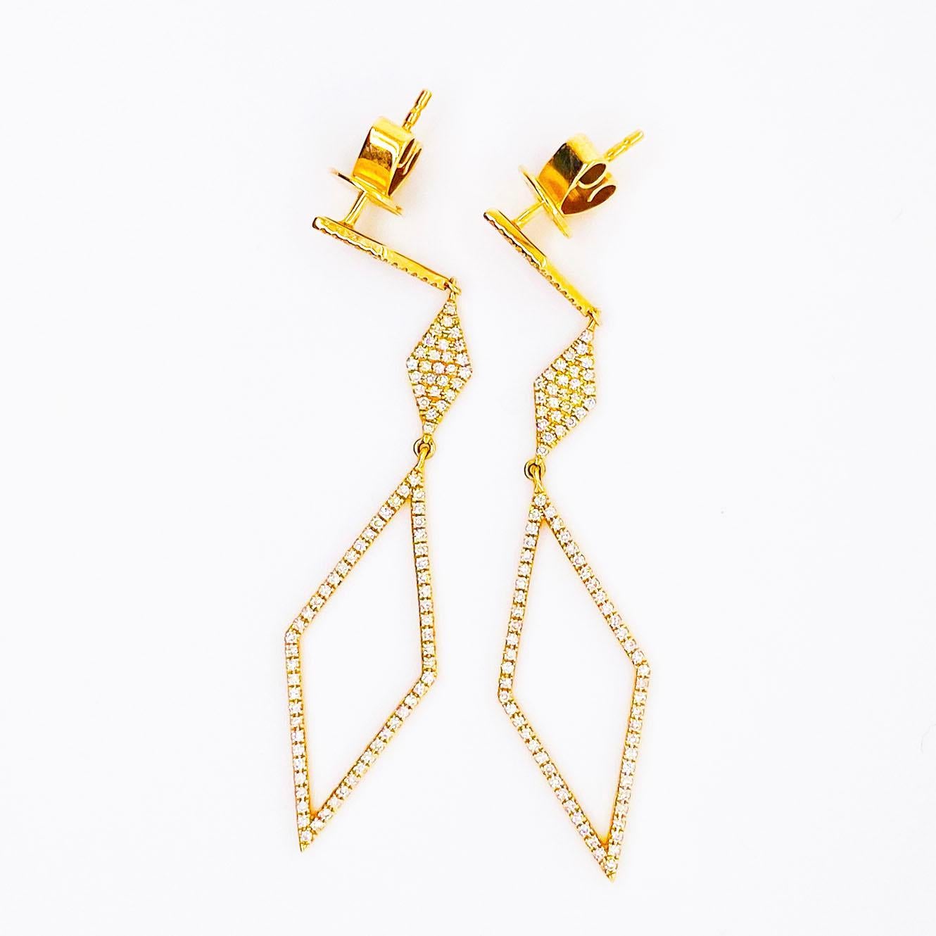 14K Yellow Gold Diamond Shape Diamond Dangle Earrings:
These drop earrings are stunning!  Created with a stylish woman in mind, the three diamonds alternate from an open diamond shape to a solid diamond shape and back to the open diamond shape.  The