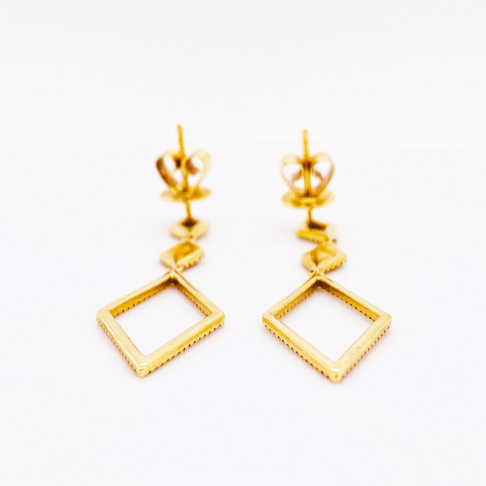 Modern Diamond Drop Earrings, 14 Karat Gold 3 Diamond Shape Links Dangle Earrings
