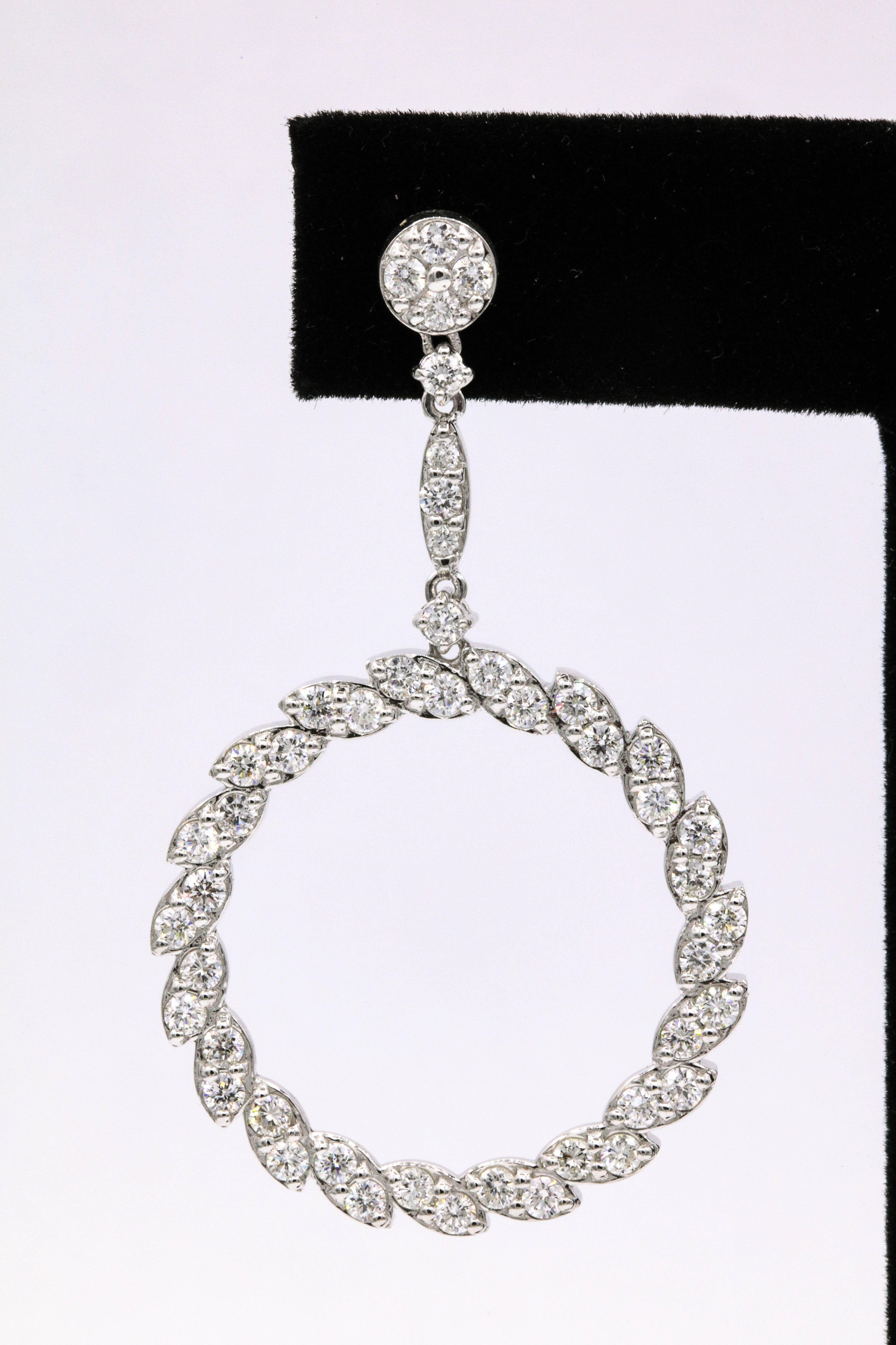 Round Cut Diamond Drop Earrings 3.75 Carat 14 Karat White Gold For Sale