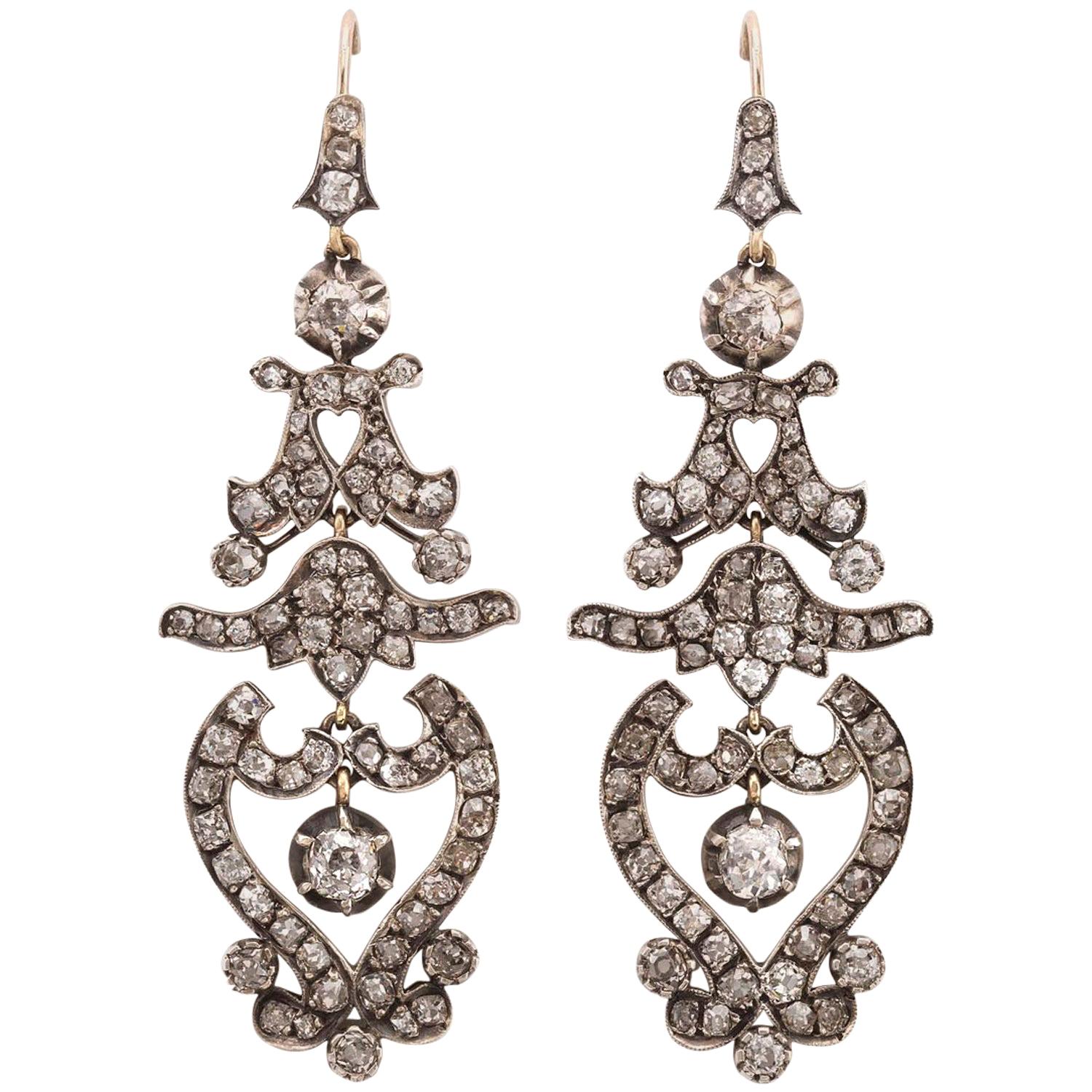 3.80 Carat Sapphire and Diamond Drop Earrings Antiqued Accents in White