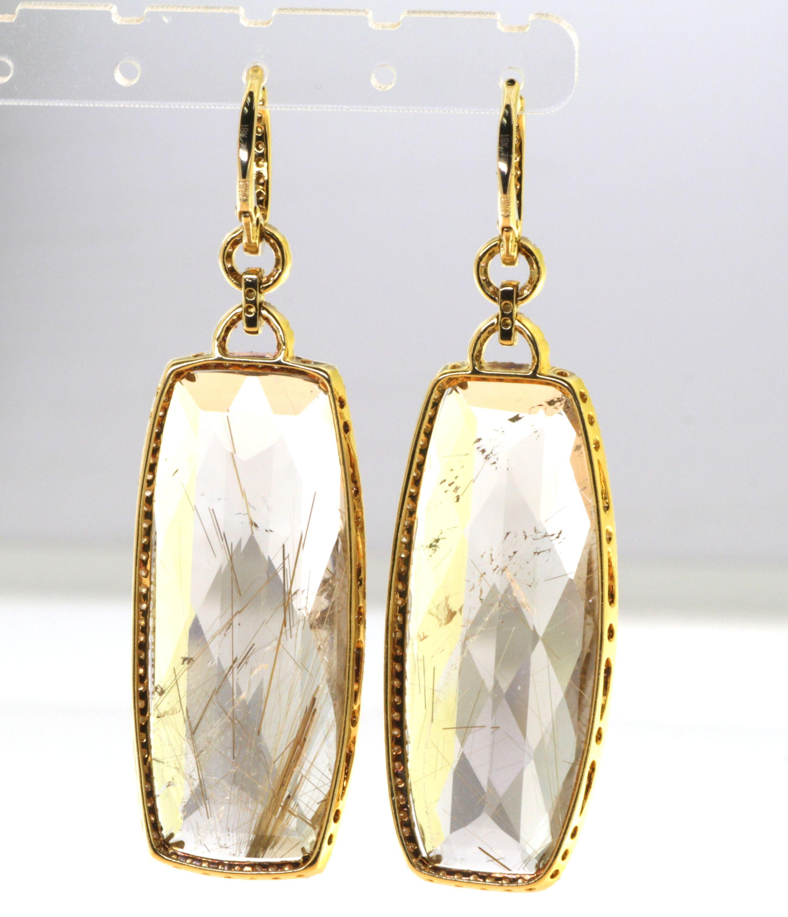 Art déco Boucles d'oreilles en goutte vintage en or jaune 18 carats avec diamants et quartz rutile en vente