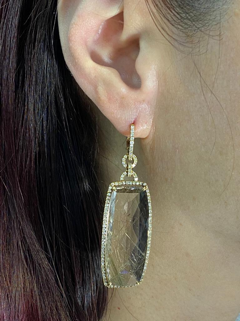 Taille baguette Boucles d'oreilles en goutte vintage en or jaune 18 carats avec diamants et quartz rutile en vente