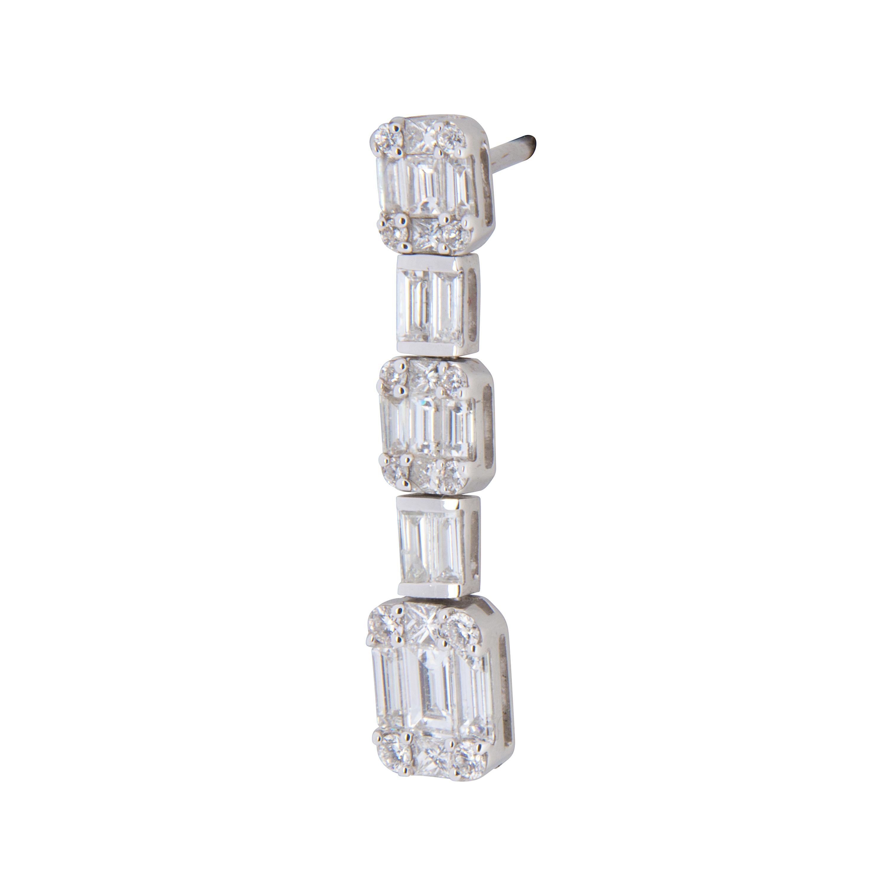 18 karat white gold 5-link drop earrings featuring baguette and round brilliant cut diamonds totalling 2.04ct.