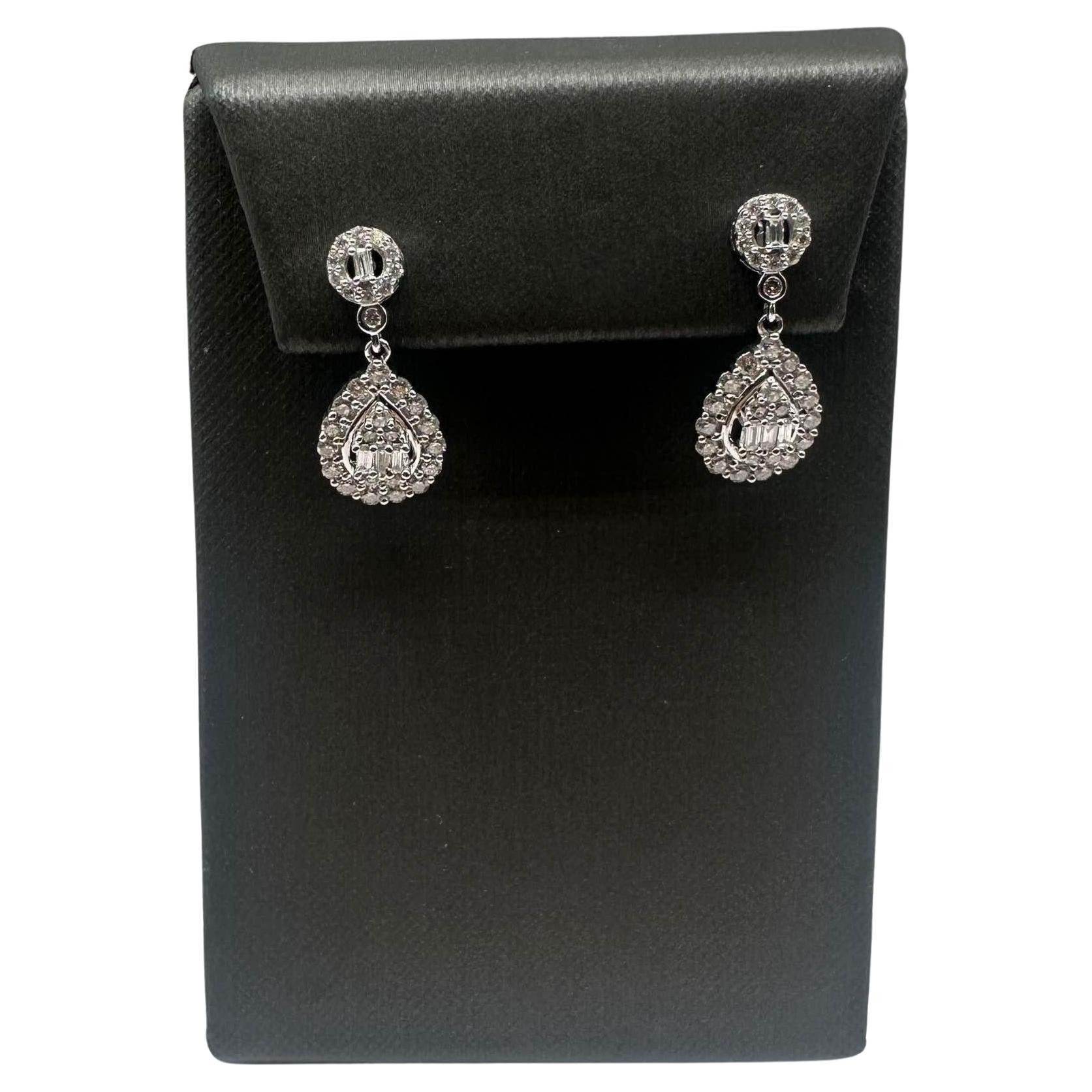 Diamond Drop Earrings in 10kt White Gold - 1ctw GH SI Baguette & Round Diamonds