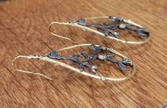 Diamant-Tropfen-Ohrringe aus 14 Karat Gelbgold und Silber 'Antiqued'
