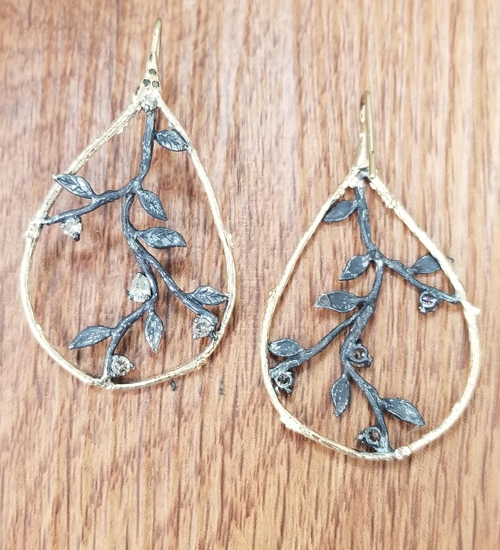 Artisan Diamond Drop Earrings in 14 Karat Yellow Gold and Silver 'Antiqued' For Sale