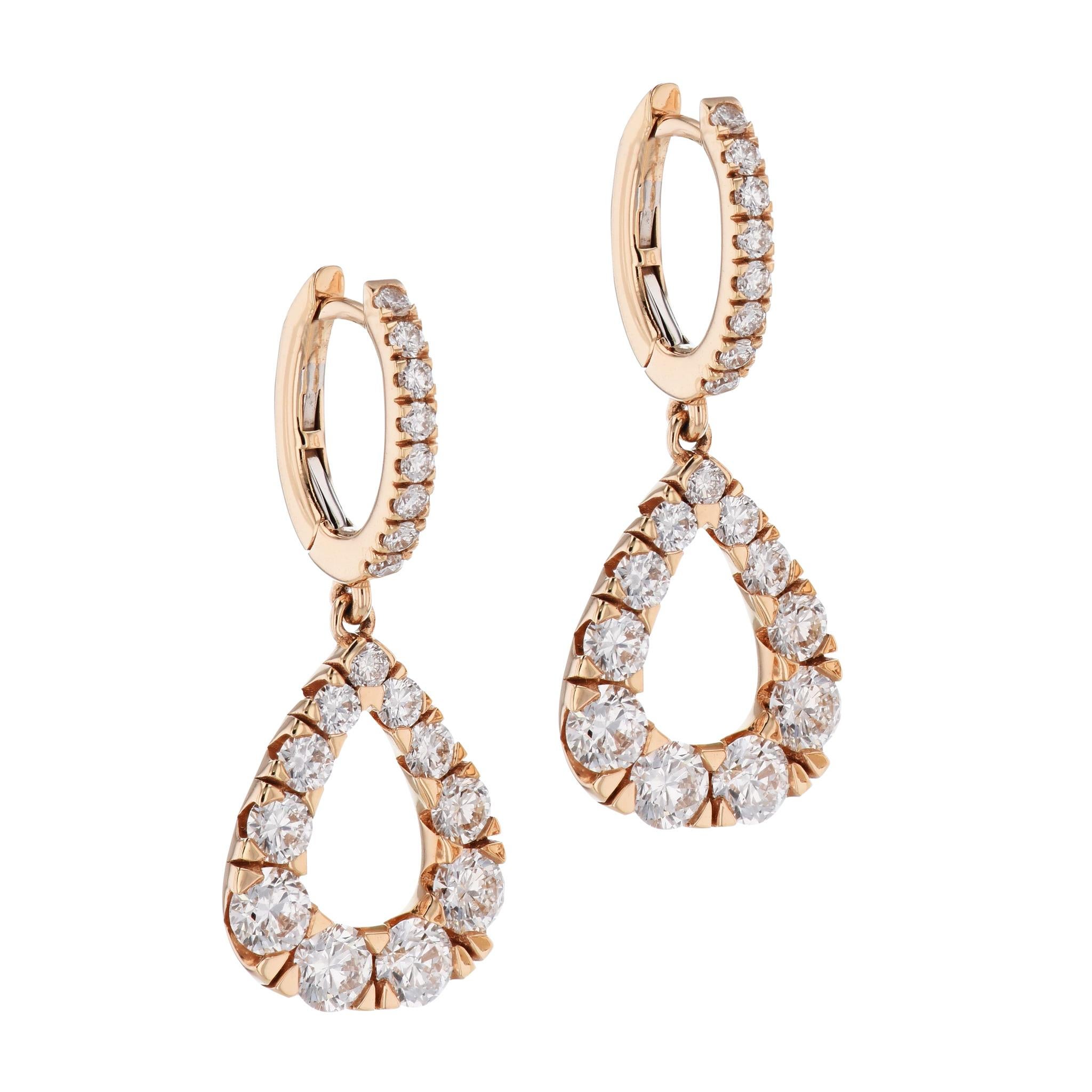 Brilliant Cut Diamond Drop Earrings Rose Gold Pave Set For Sale