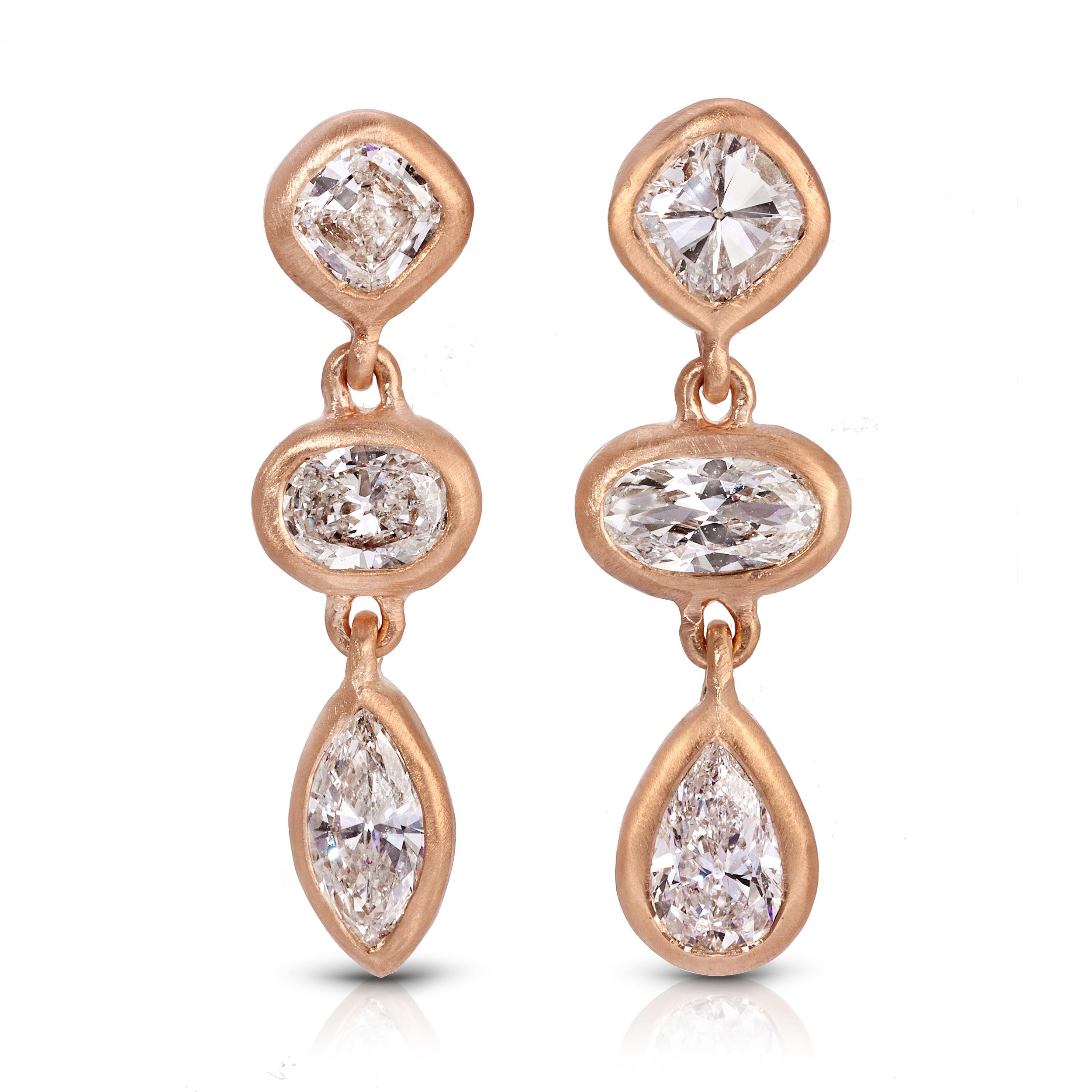 Modern Diamond Drop Earrings with Mixed Cut Diamonds in 18k Matte Gold For Sale