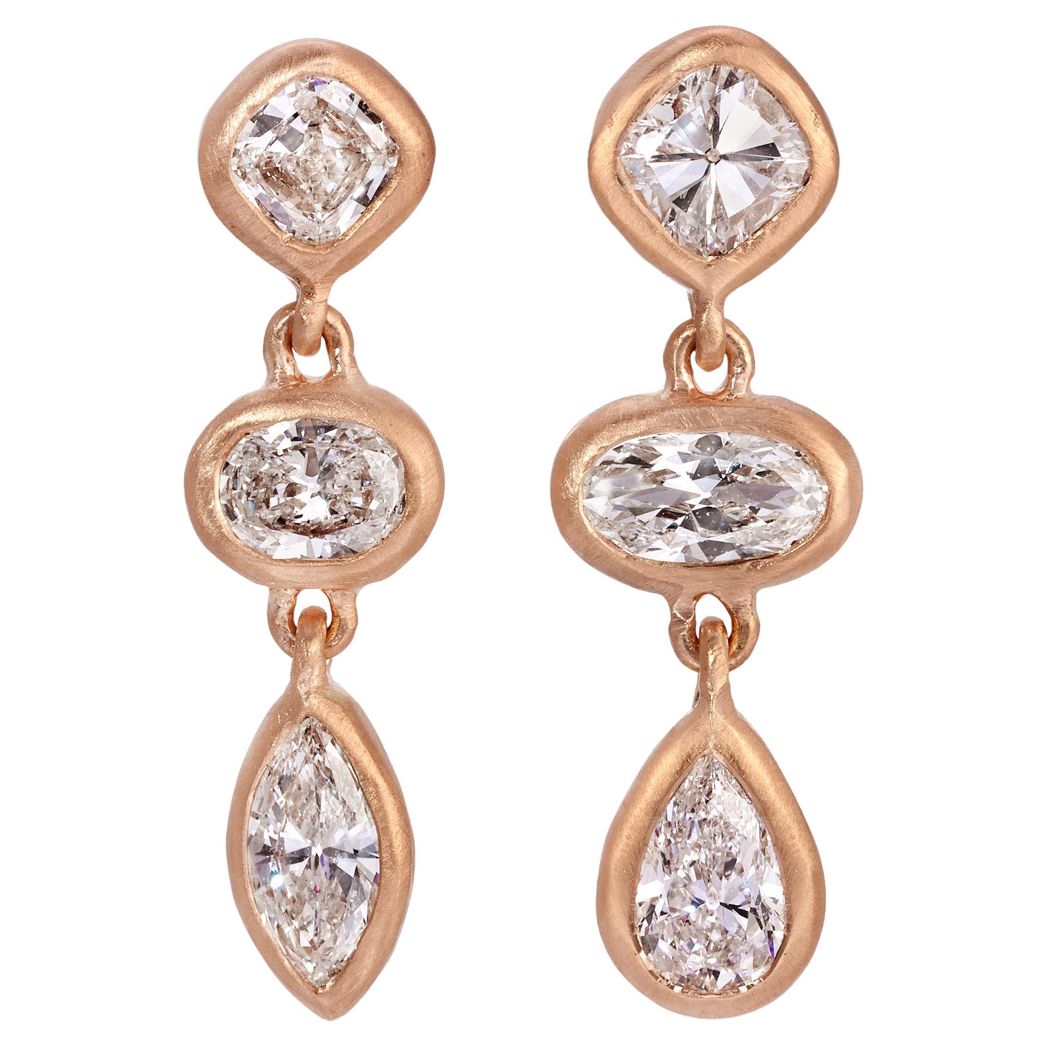 Diamond Drop Earrings with Mixed Cut Diamonds in 18k Matte Gold For Sale