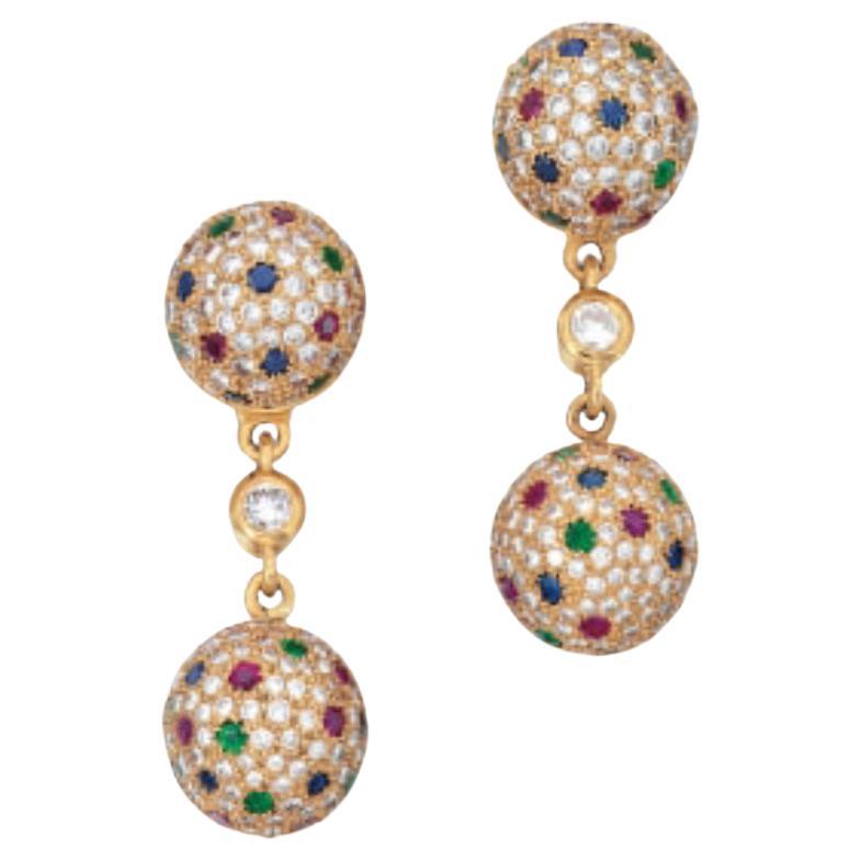 Diamond Drop Earrings with Multi-Color Gemstones For Sale