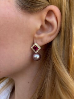 Diamond Drop Earrings with Rubelites and Pearls, 18K Gold