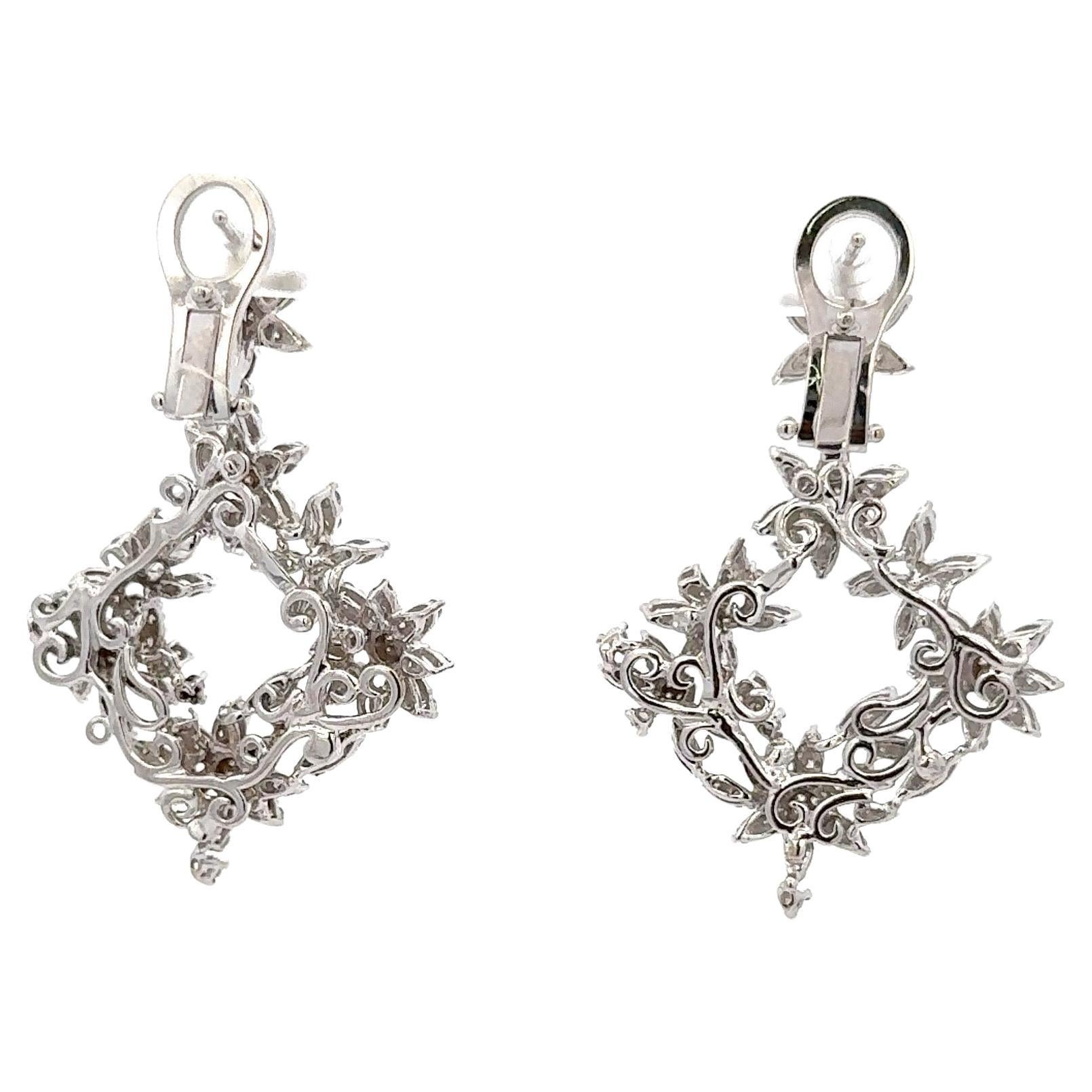 Round Cut Diamond Drop Floral Cluster Earrings 1.85 Carats 14 Karat White Gold F-G VS1-VS2 For Sale