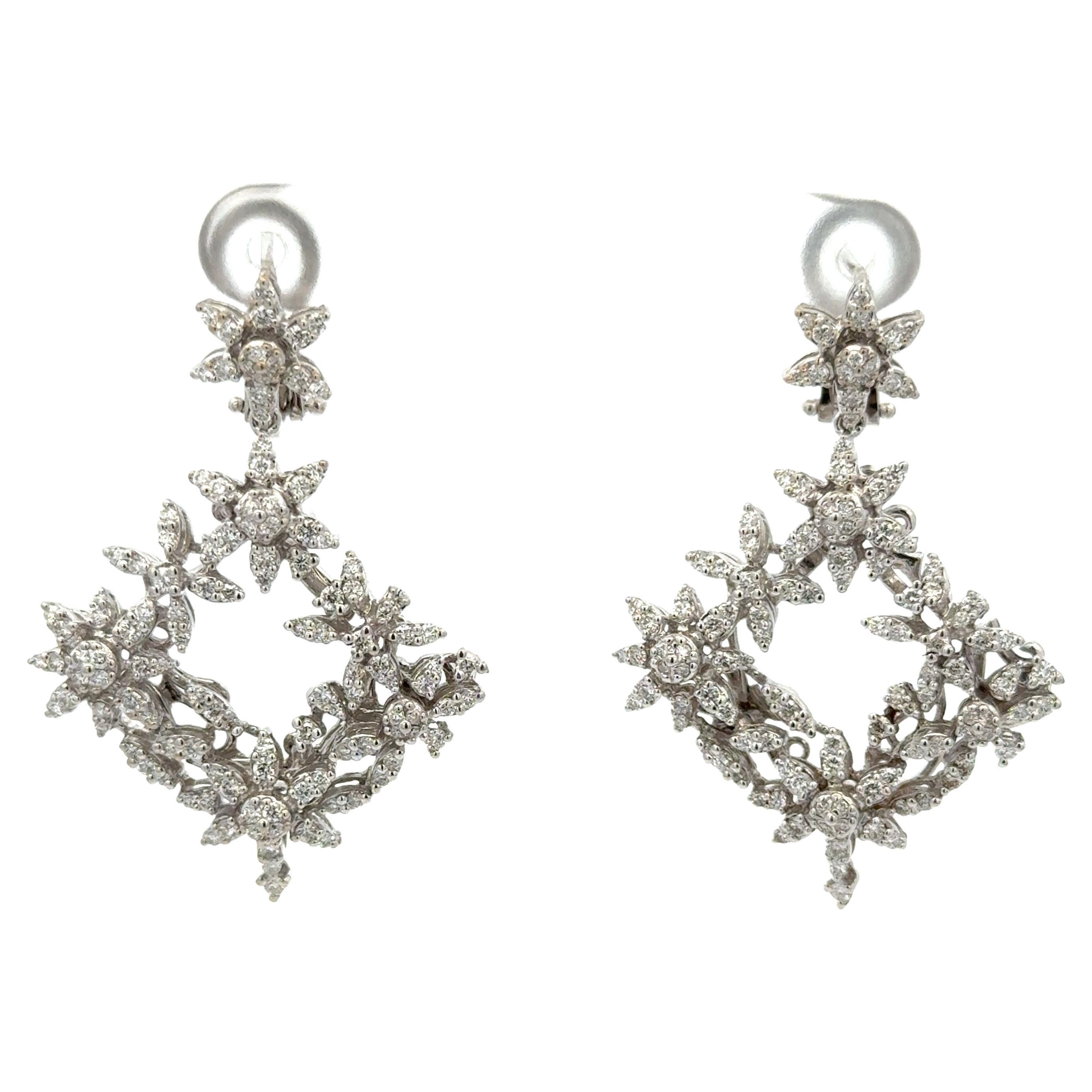 Women's Diamond Drop Floral Cluster Earrings 1.85 Carats 14 Karat White Gold F-G VS1-VS2 For Sale