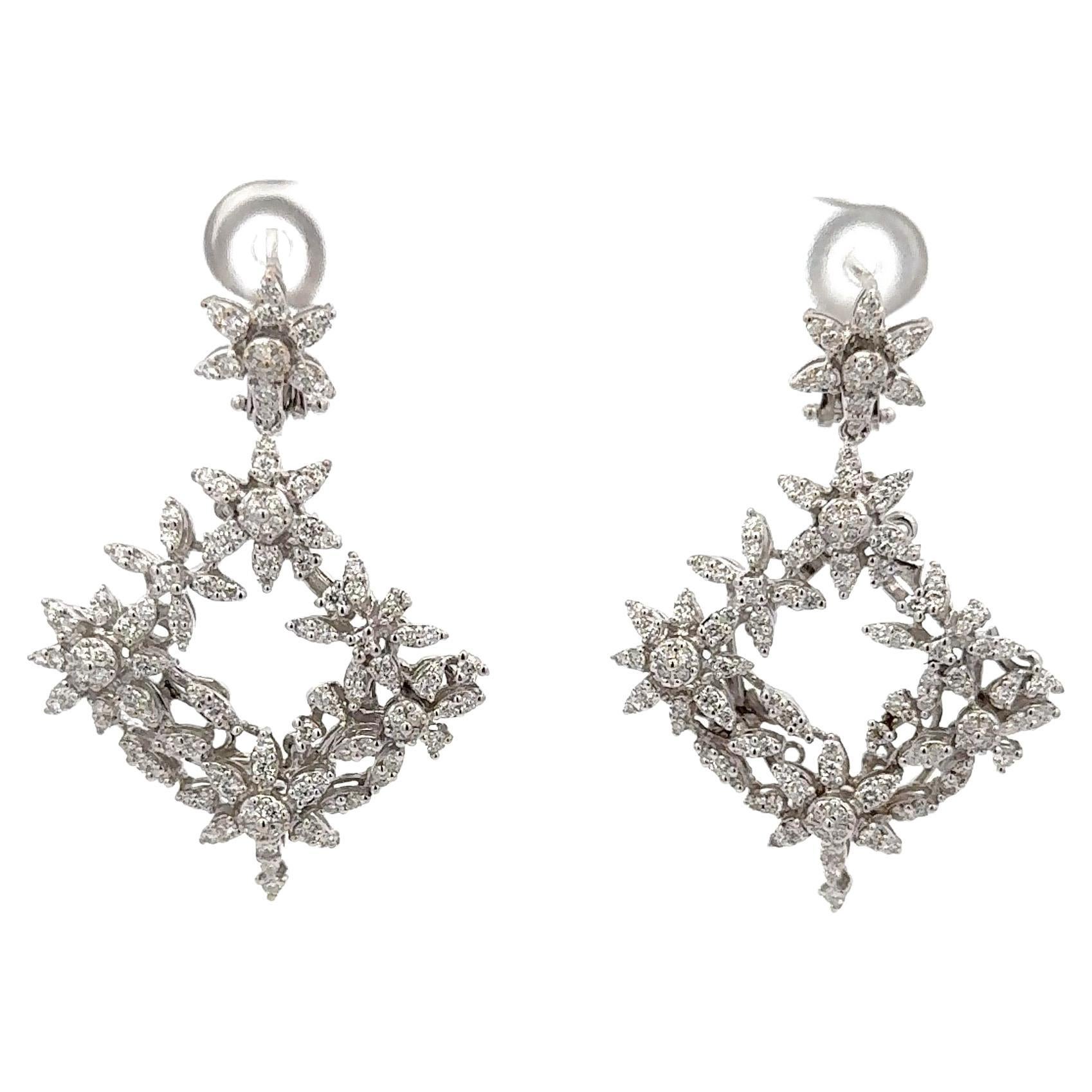 Diamond Drop Floral Cluster Earrings 1.85 Carats 14 Karat White Gold F-G VS1-VS2