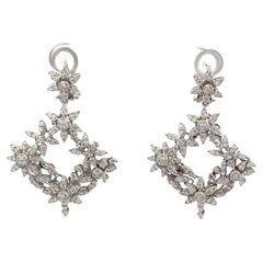 Diamond Drop Floral Cluster Earrings 1.85 Carats 14 Karat White Gold F-G VS1-VS2