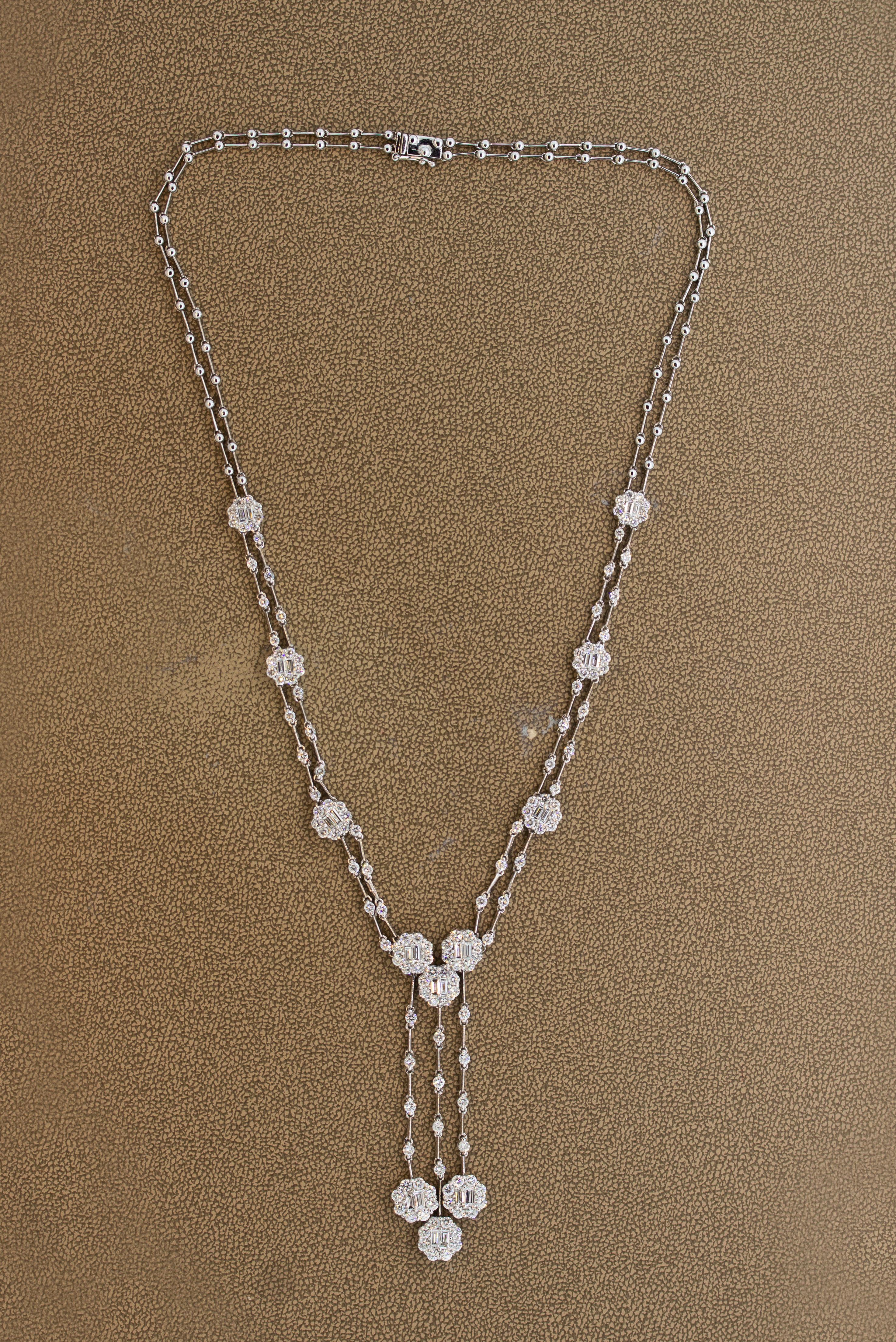 A beautiful diamond necklace featuring round brilliant and baguette cut diamonds weighing a total of 7.03 carats. Each round “stallion” is set with 2 baguette cut diamonds next to each other with a round cut halo around them. The bottom of the