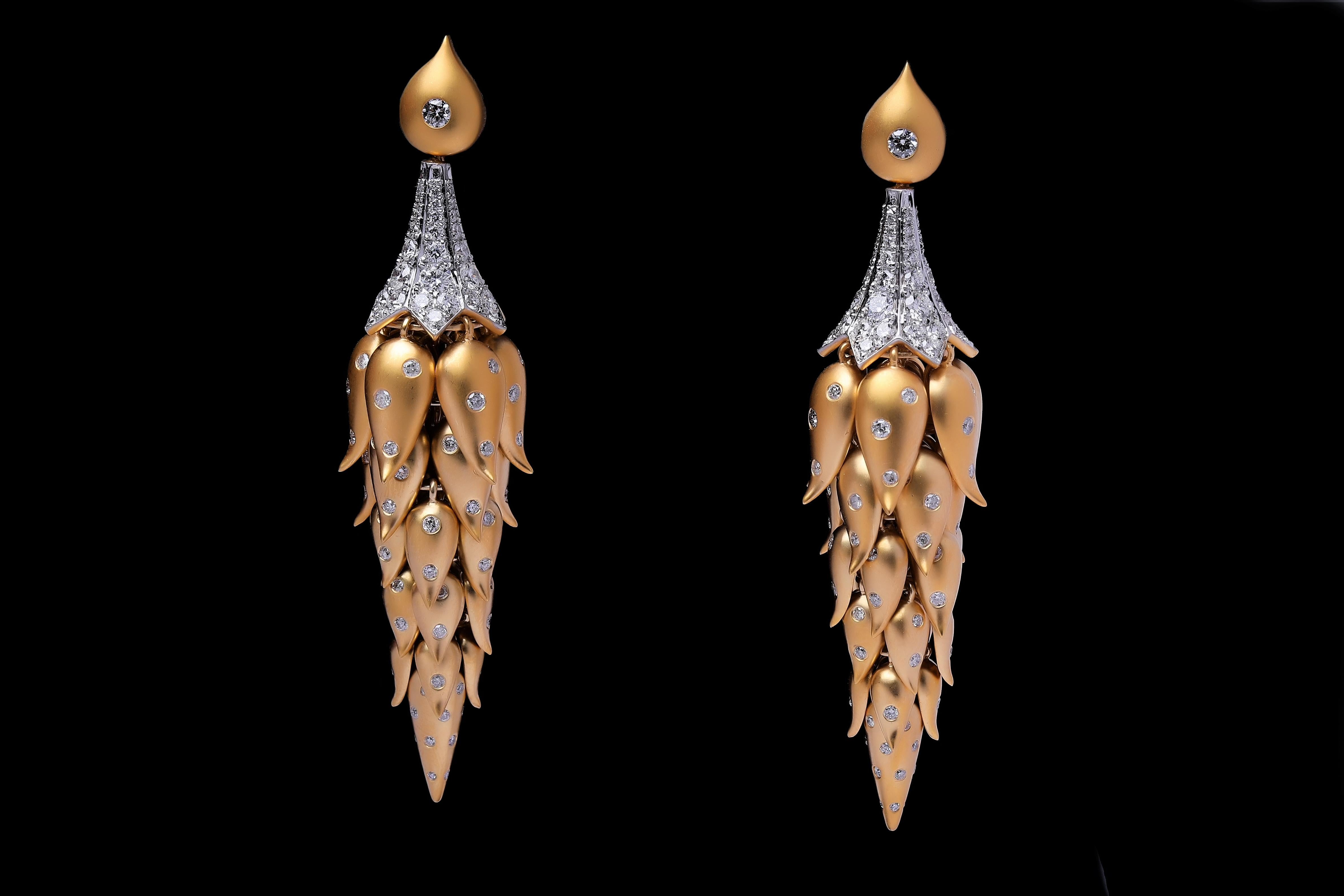 Artisan Diamond Drop Hanging Gold Earring For Sale