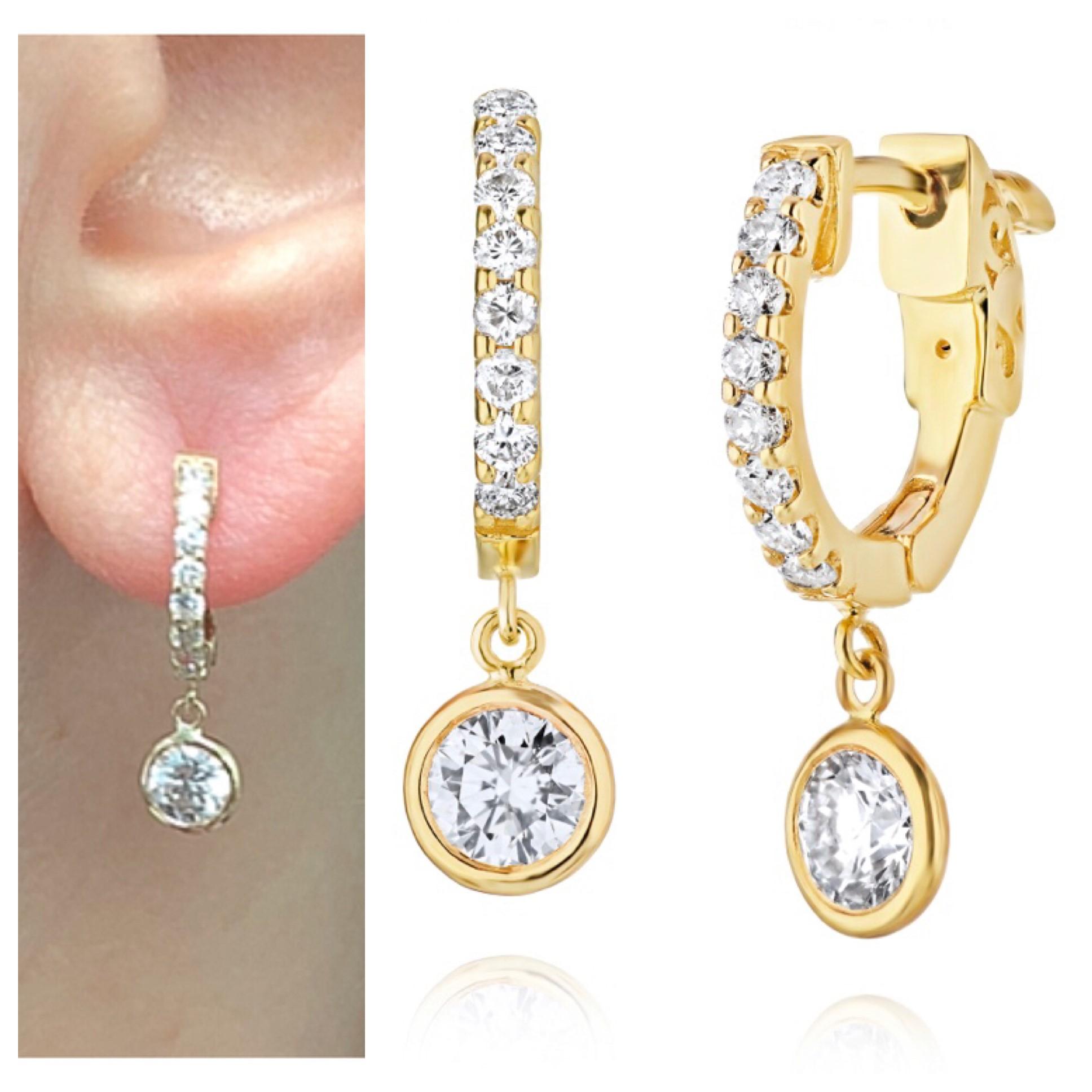 So cute and easy to wear! Diamond bezels dangling from diamond small hoops! They are approximately 20 mm long and 14kt gold. They available in white or yellow gold (priced separately). Each pair are .75 ct total weight. If you don't see something,