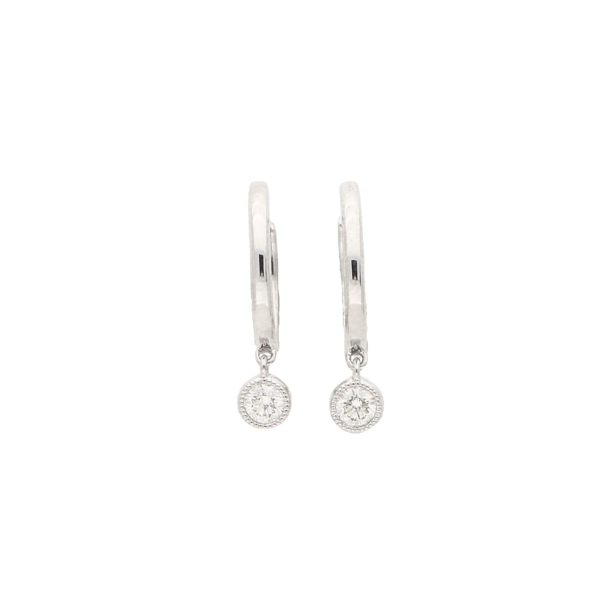 Round Cut Diamond Drop Hoop Earrings Set in 18 Karat White Gold