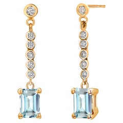 Diamant-Tropfen-Lariat-Ohrringe aus Gelbgold mit Smaragdform und Aquamarin