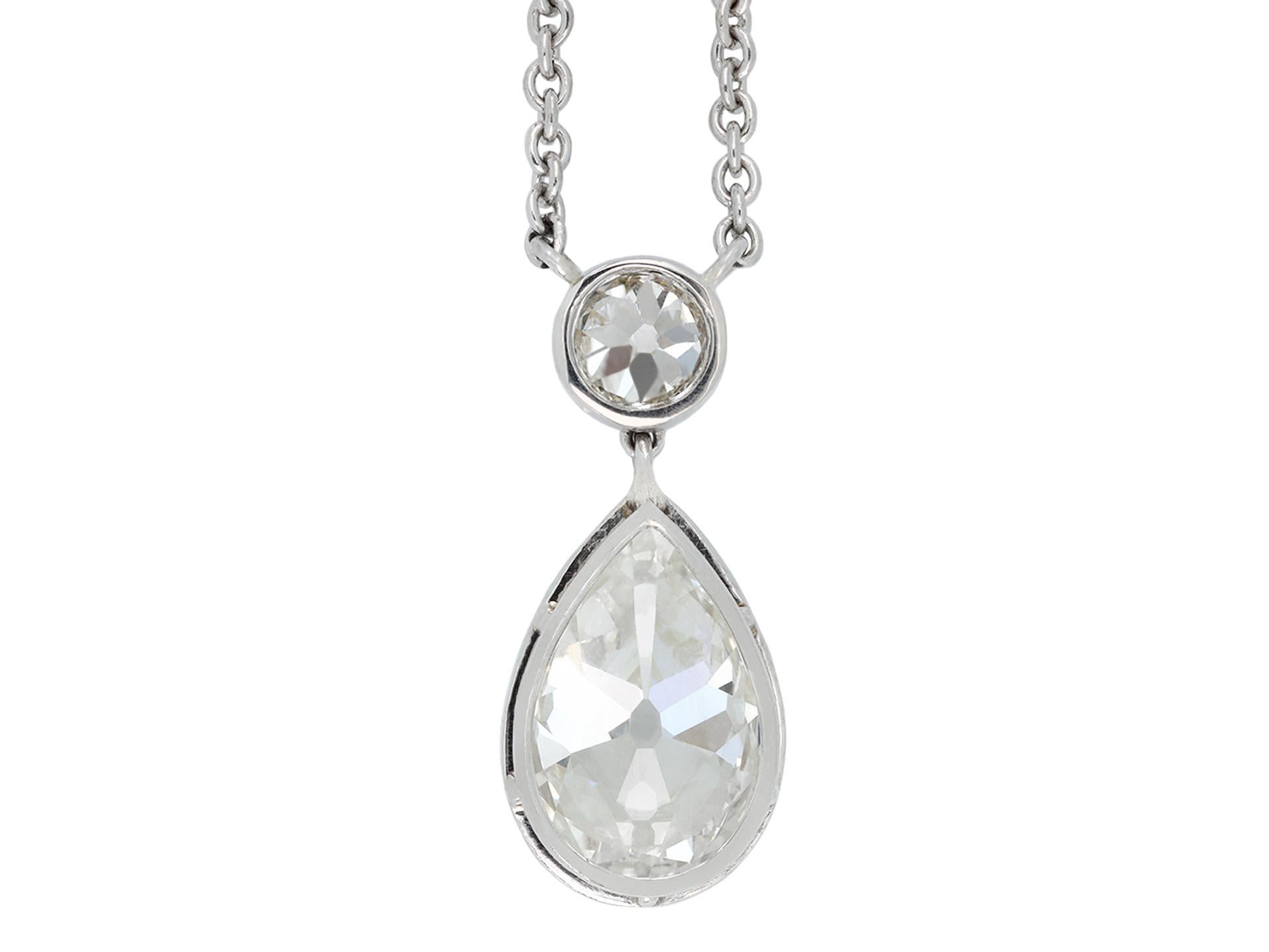 Diamond drop necklace. Set with a drop shape old cut diamond with an approximate weight of 2.50 carats, in an open back cut-down setting, suspended from one cushion shape old mine diamond in an open back cut-down setting with a weight of 0.30