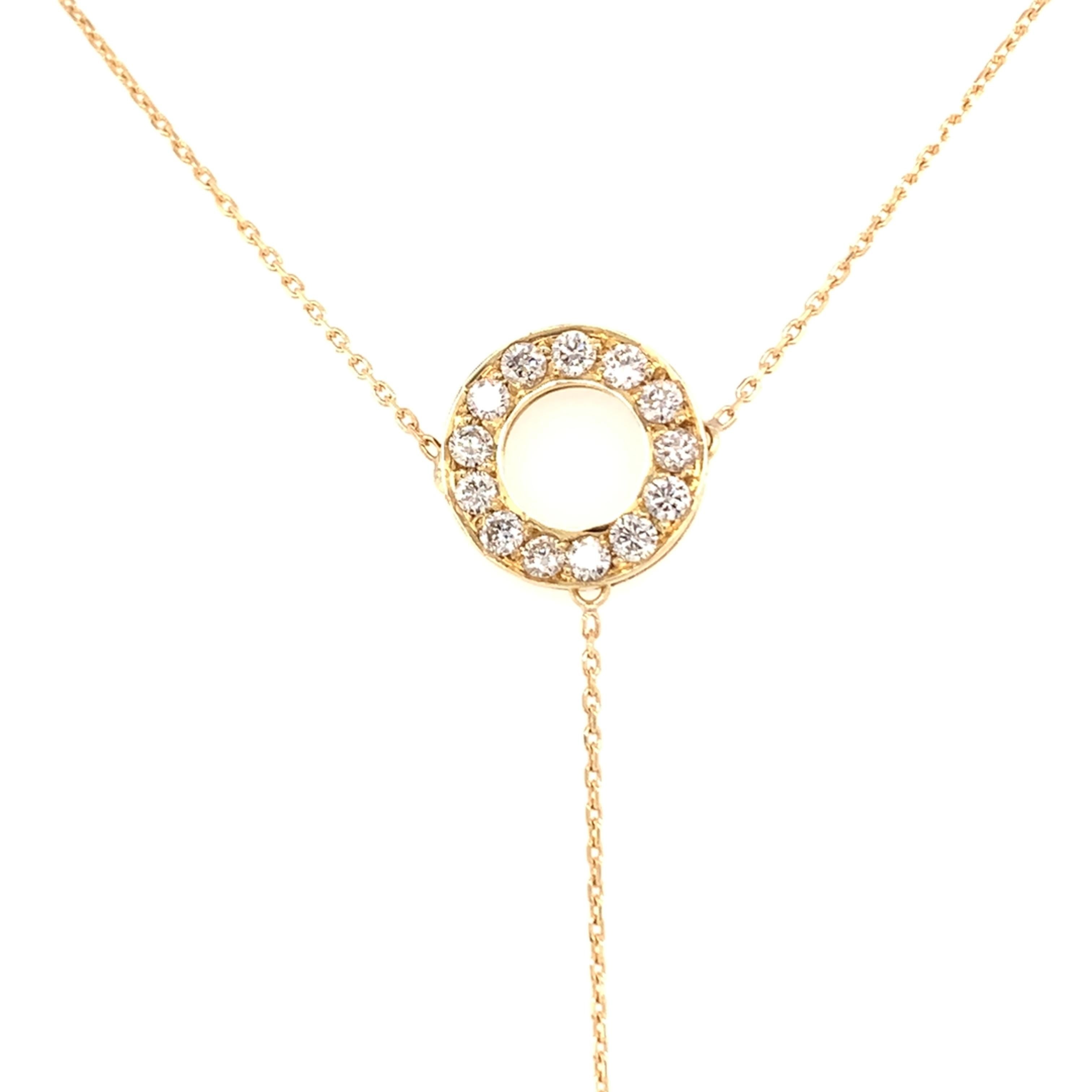 Diamond drop necklace made with real/natural brilliant cut diamonds. Diamond Weight: 0.63 carats. Diamond Quantity: 14 round diamonds. Mounted on 18kt yellow gold adjustable chain. 