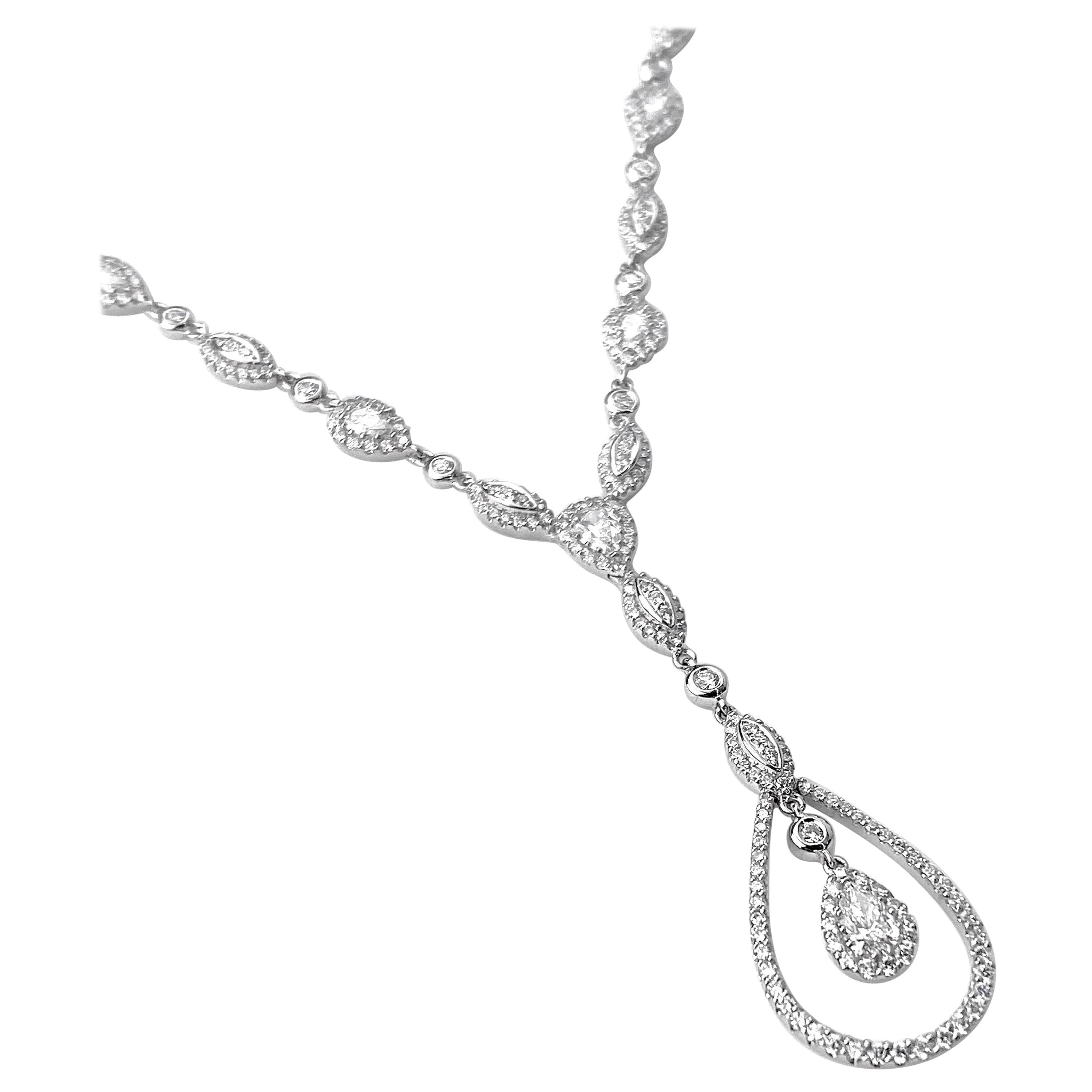 Diamond Drop Pear Cut Diamond Necklace with Marquise and Round Cut Details For Sale