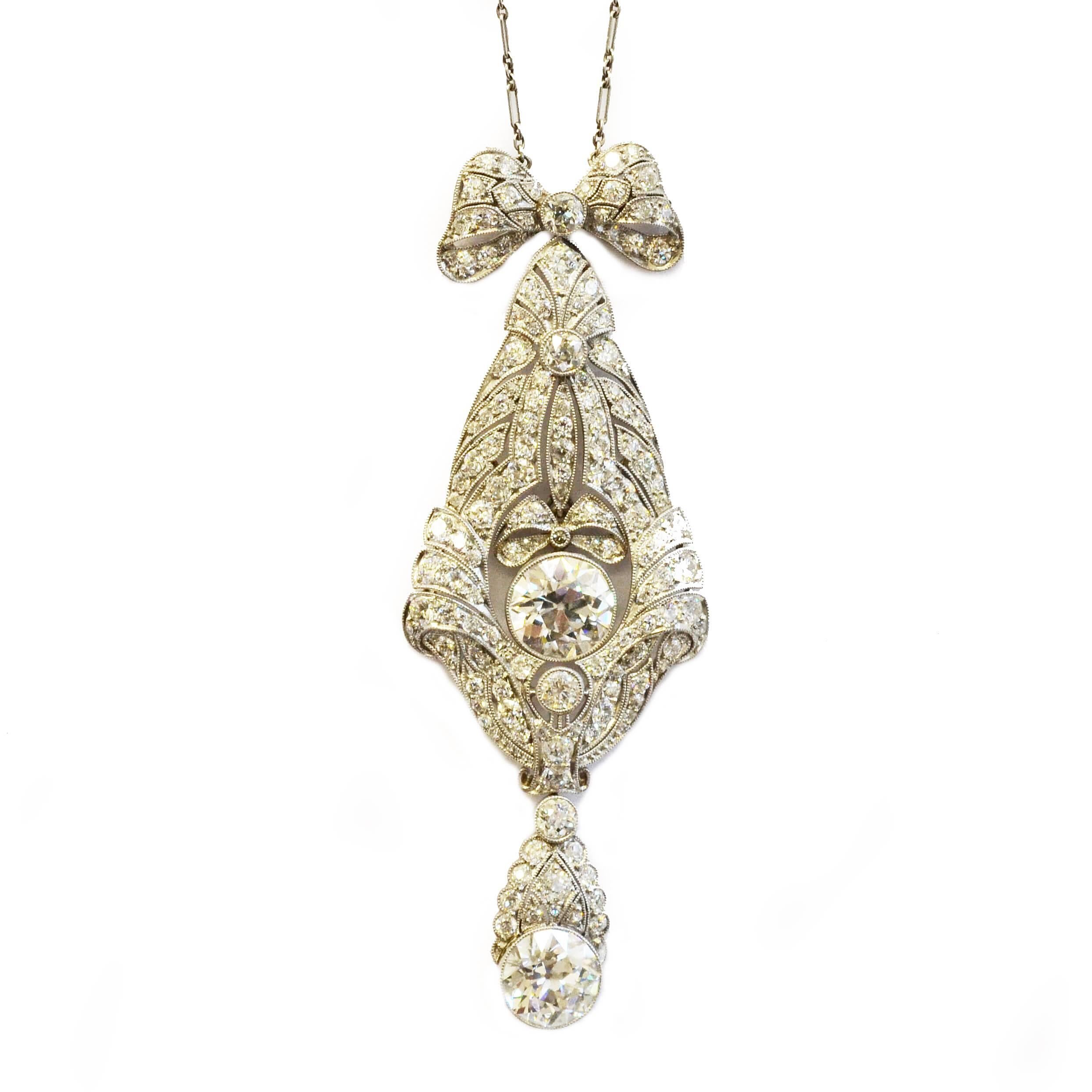 Circa 1915 Diamond Platinum Drop Pendant For Sale