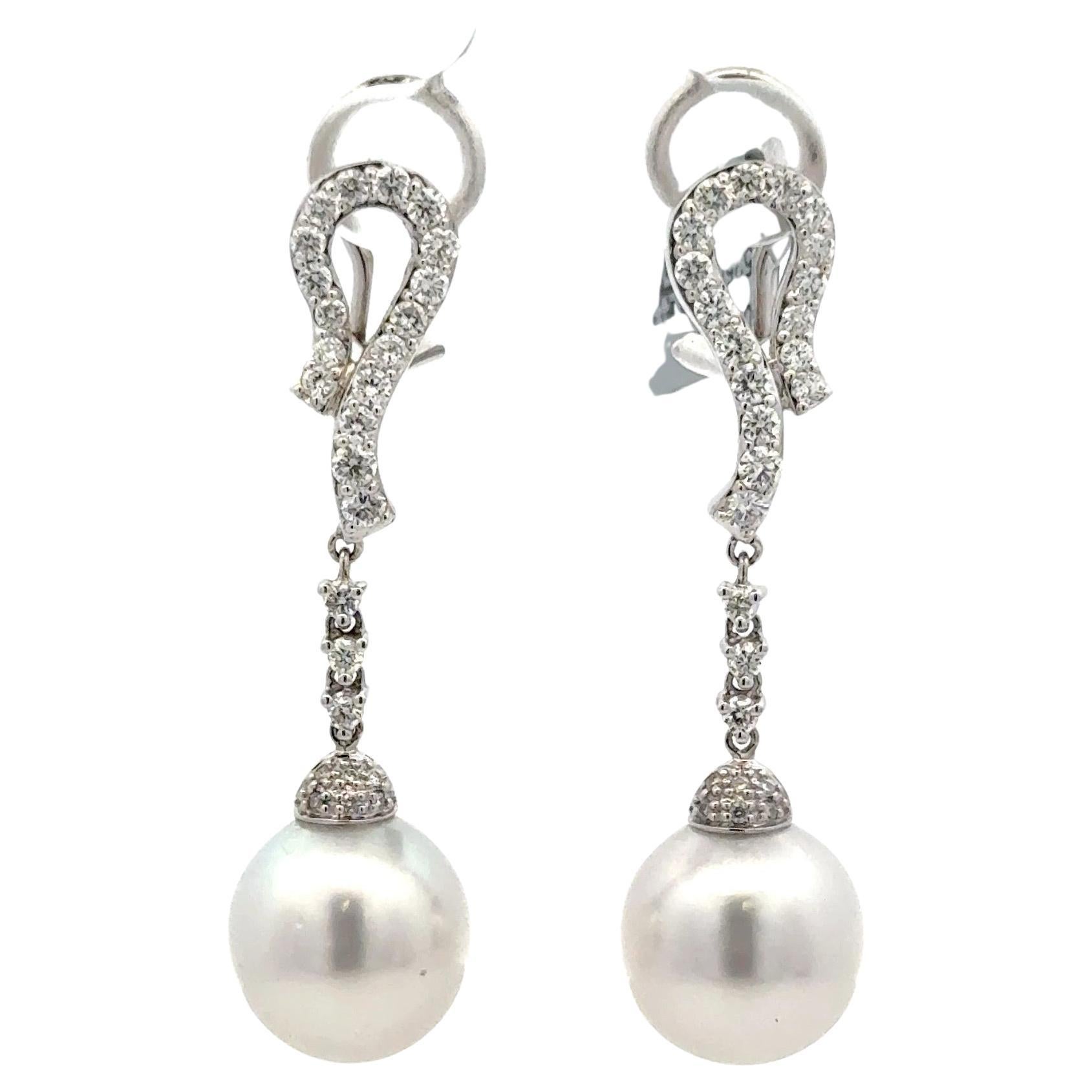 Diamond Drop South Sea Pearl Dangle Drop Earrings 0.91 Carats 11-12 MM 18KT Gold