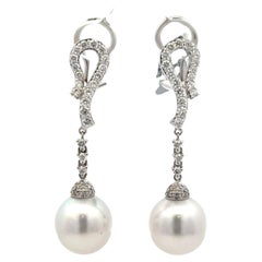 Diamond Drop South Sea Pearl Dangle Drop Earrings 0.91 Carats 11-12 MM 18KT Gold
