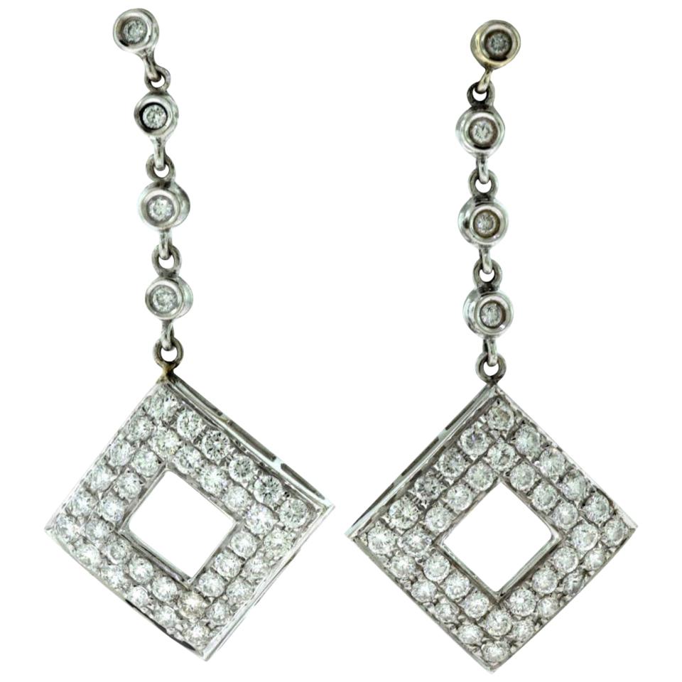Diamond Drop Square Dangle Earrings in White Gold