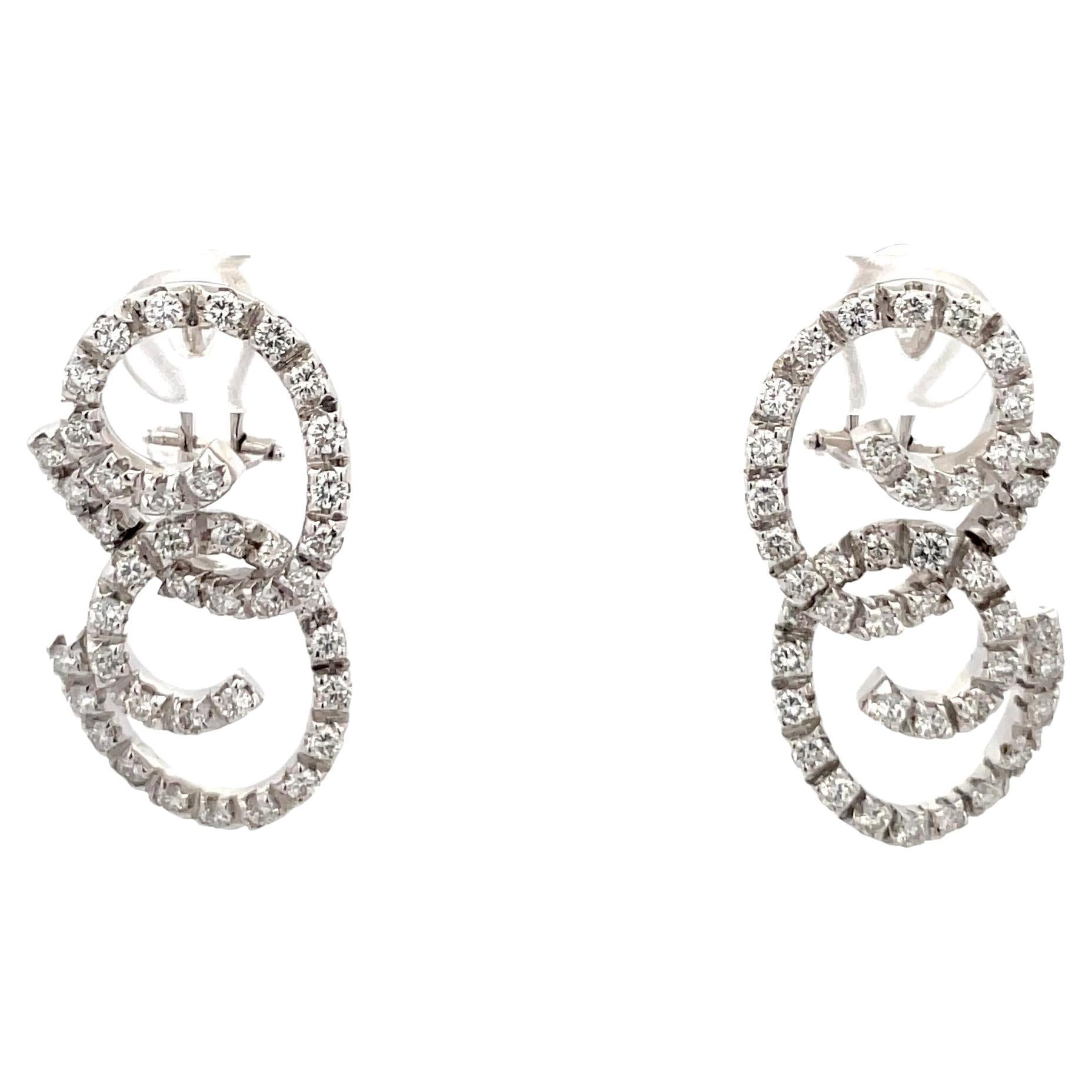 Round Cut Diamond Drop Swirl Earrings 2 Carats G VS2 18 Karat White Gold 12 Grams For Sale