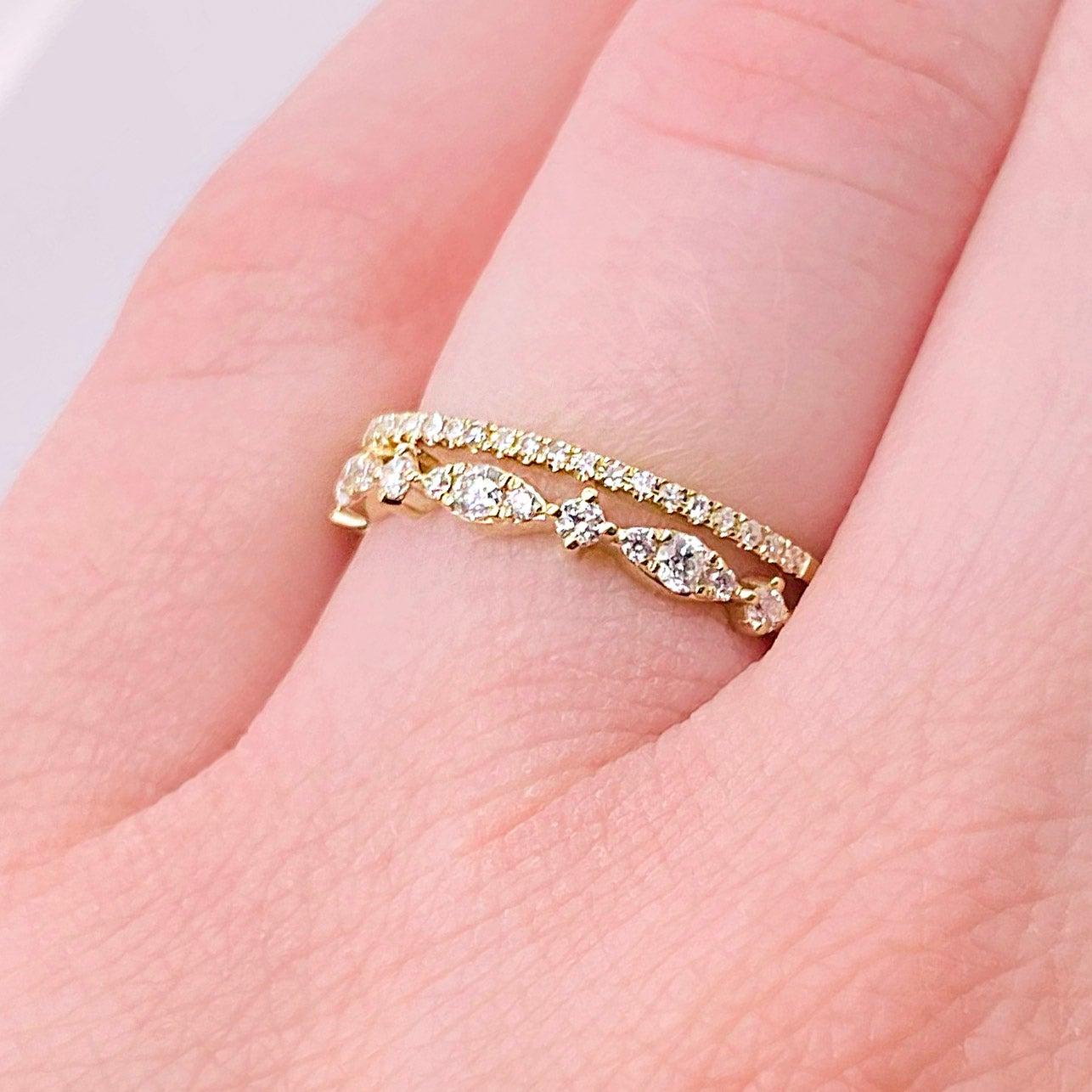 For Sale:  Diamond Duet Ring, 14 Karat Gold Diamond Double Band Ring, Stackable Ring 2