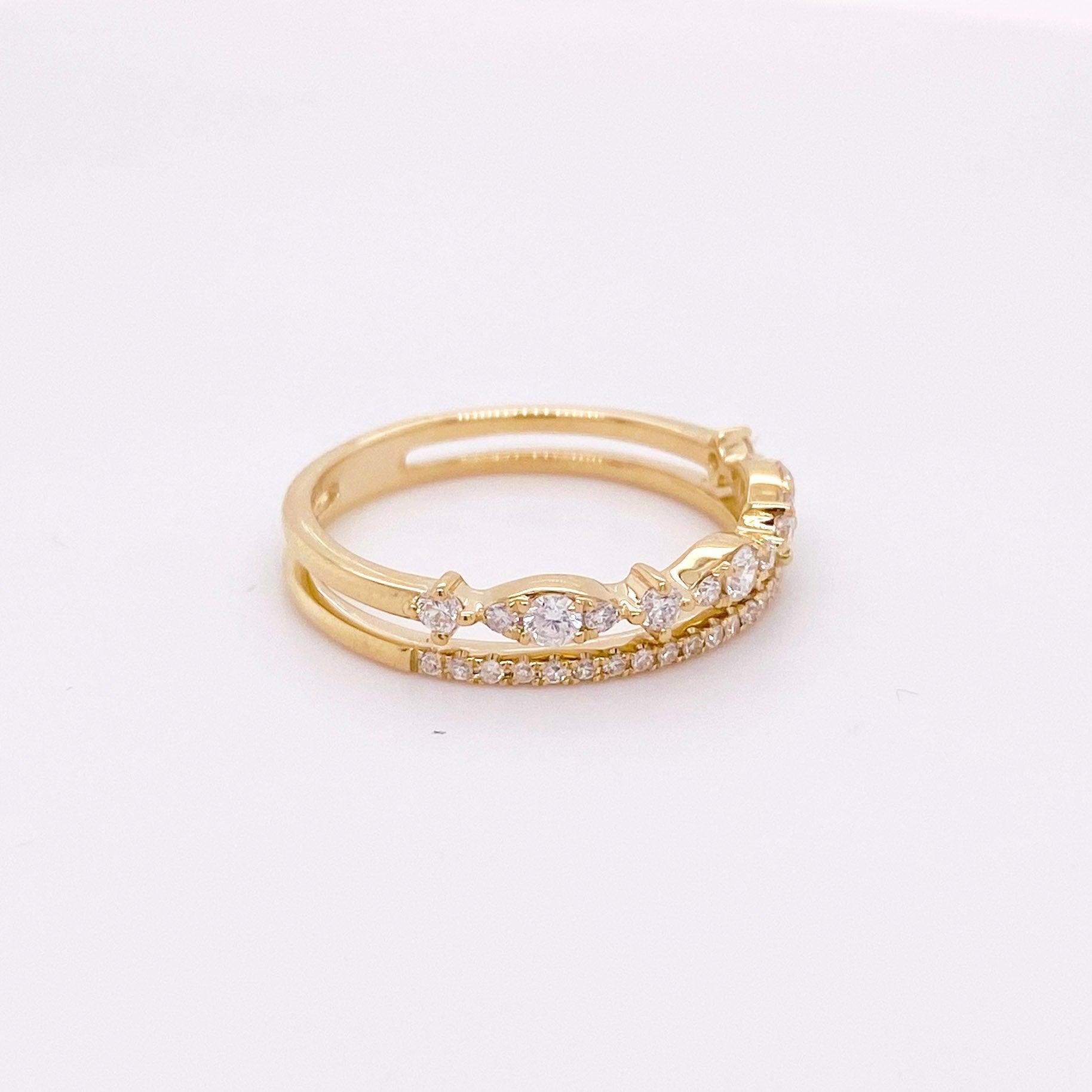 For Sale:  Diamond Duet Ring, 14 Karat Gold Diamond Double Band Ring, Stackable Ring 3